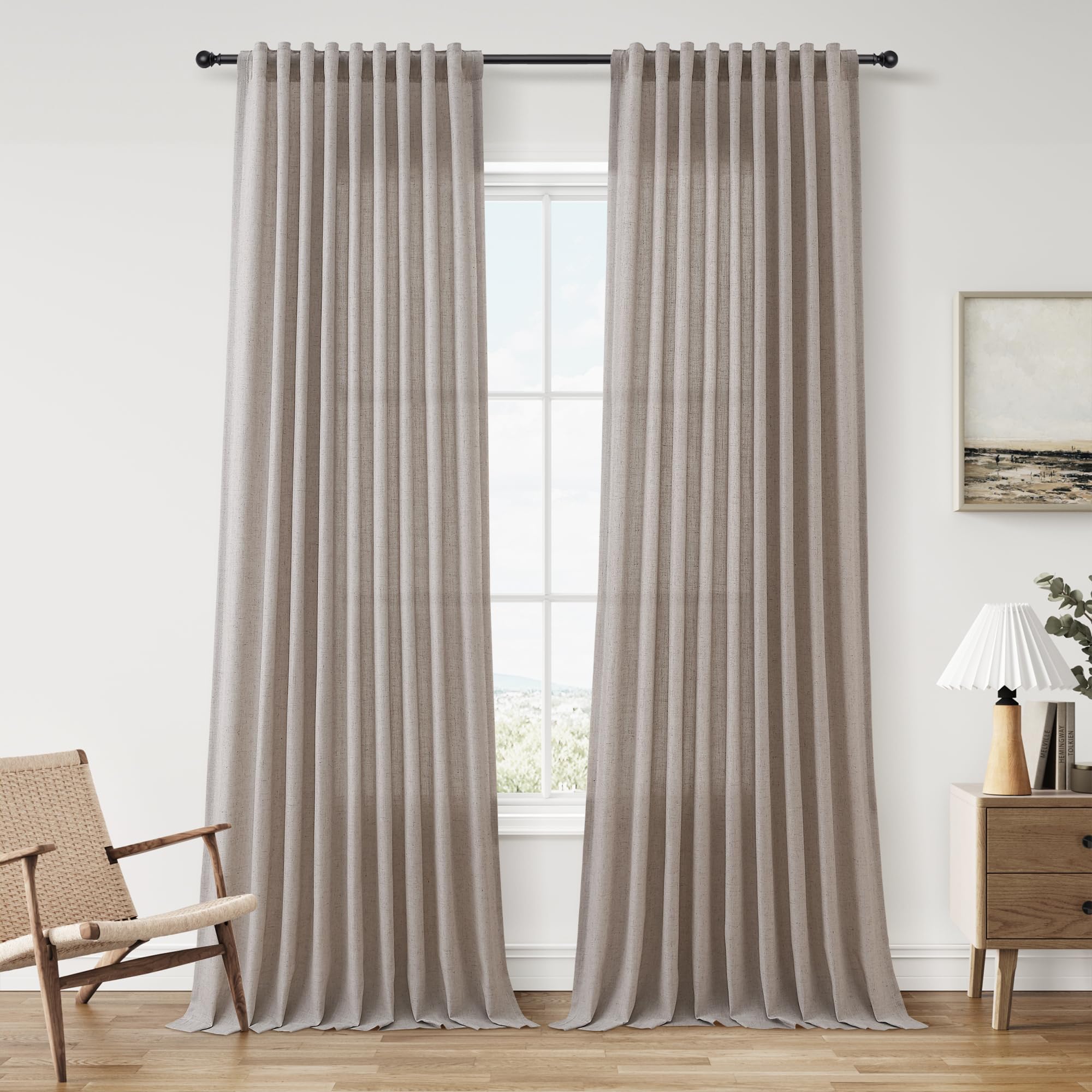 Nanspring Linen Curtains 80 Inches Long for Living Room Semi Sheer Light Filtering Curtain Back Tab Neutral Boho Modern Farmhouse Window Drapes for Bedroom 52x80 2 Panels Cream Ivory Beige Natural