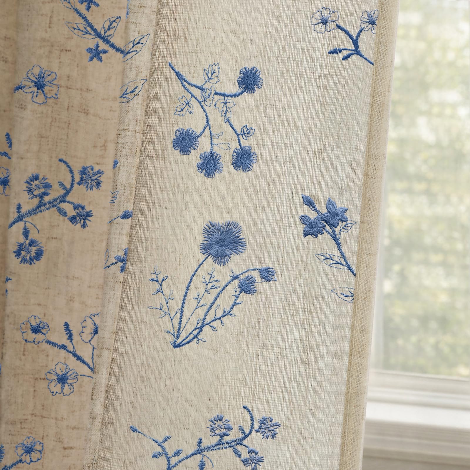 Boho Floral Spring Semi Sheer Curtains 84 Inch Length 2 Panels Set, Linen Texture Farmhouse Light Filtering Curtains Beige Tassel for Bedroom Living Room Vintage Rustic Patterned Printed Rod Pocket
