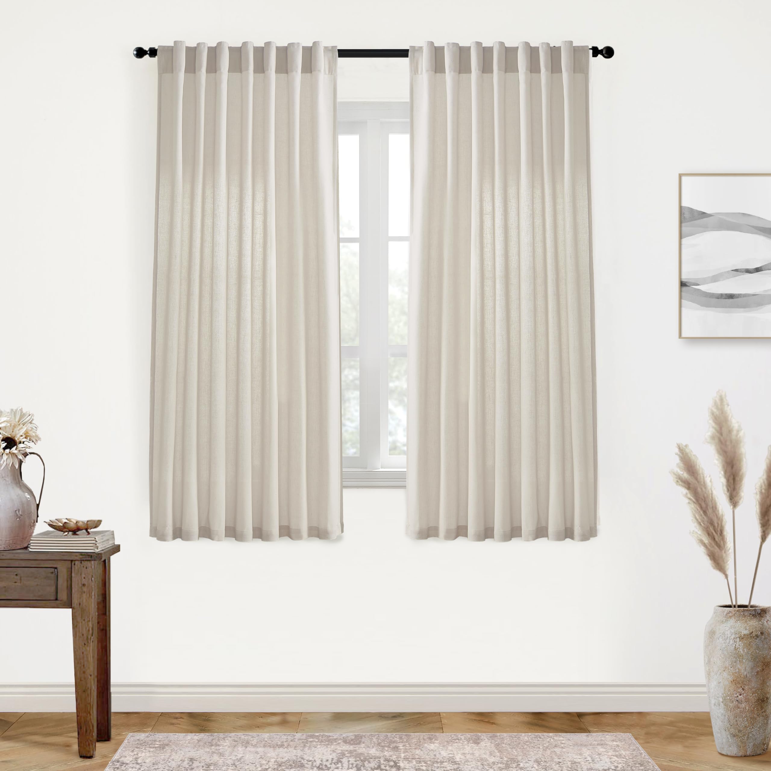 XTMYI 90 Inches Long Sheer Linen Curtains 2 Panels Set,Hook Tape Back Tab Semi Sheer Cotton Blend Fabric Modern Cottage Core Cottagecore Curtain Drapes for Living Room Bedroom,50x90 in Length
