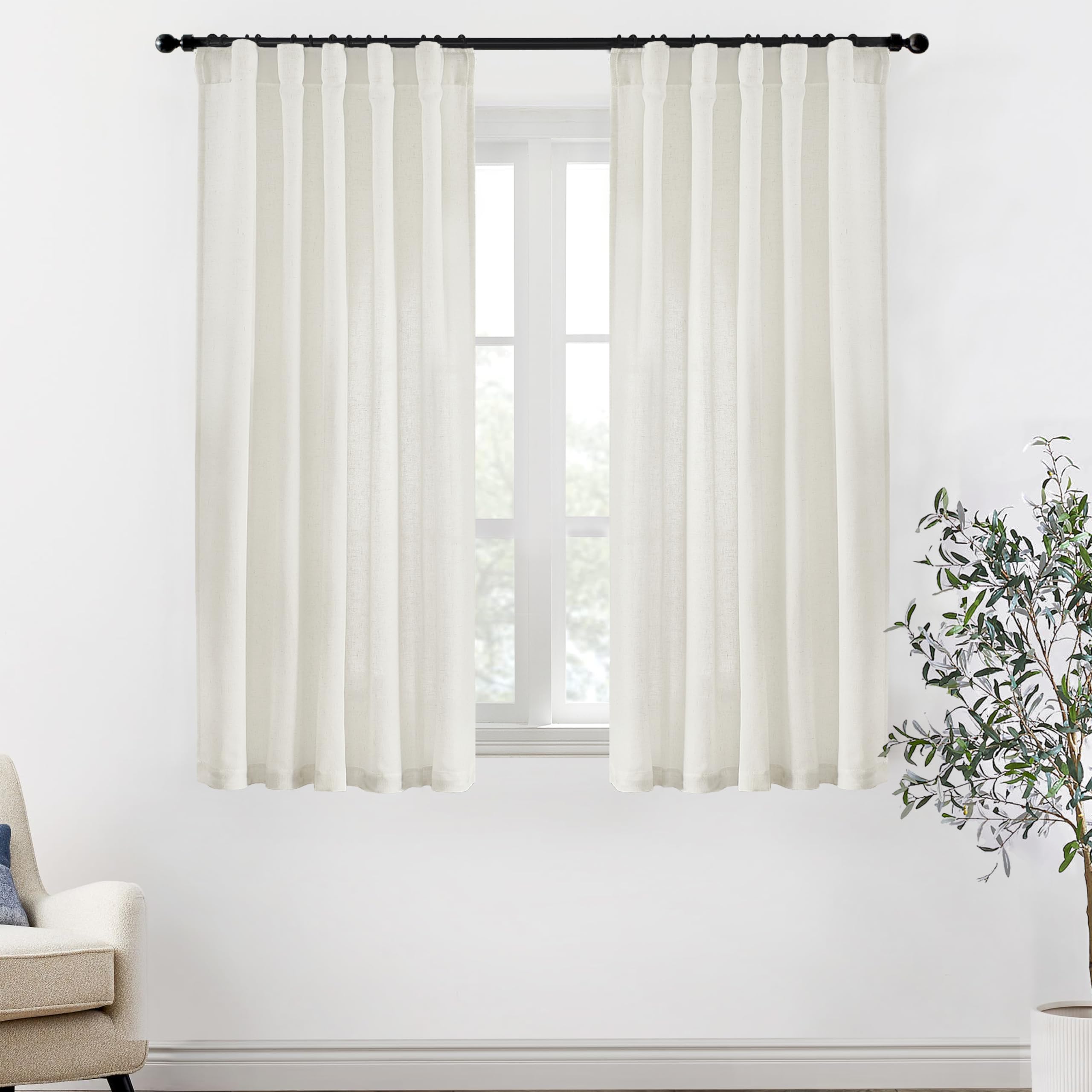 XTMYI 90 Inches Long Sheer Linen Curtains 2 Panels Set,Hook Tape Back Tab Semi Sheer Cotton Blend Fabric Modern Cottage Core Cottagecore Curtain Drapes for Living Room Bedroom,50x90 in Length