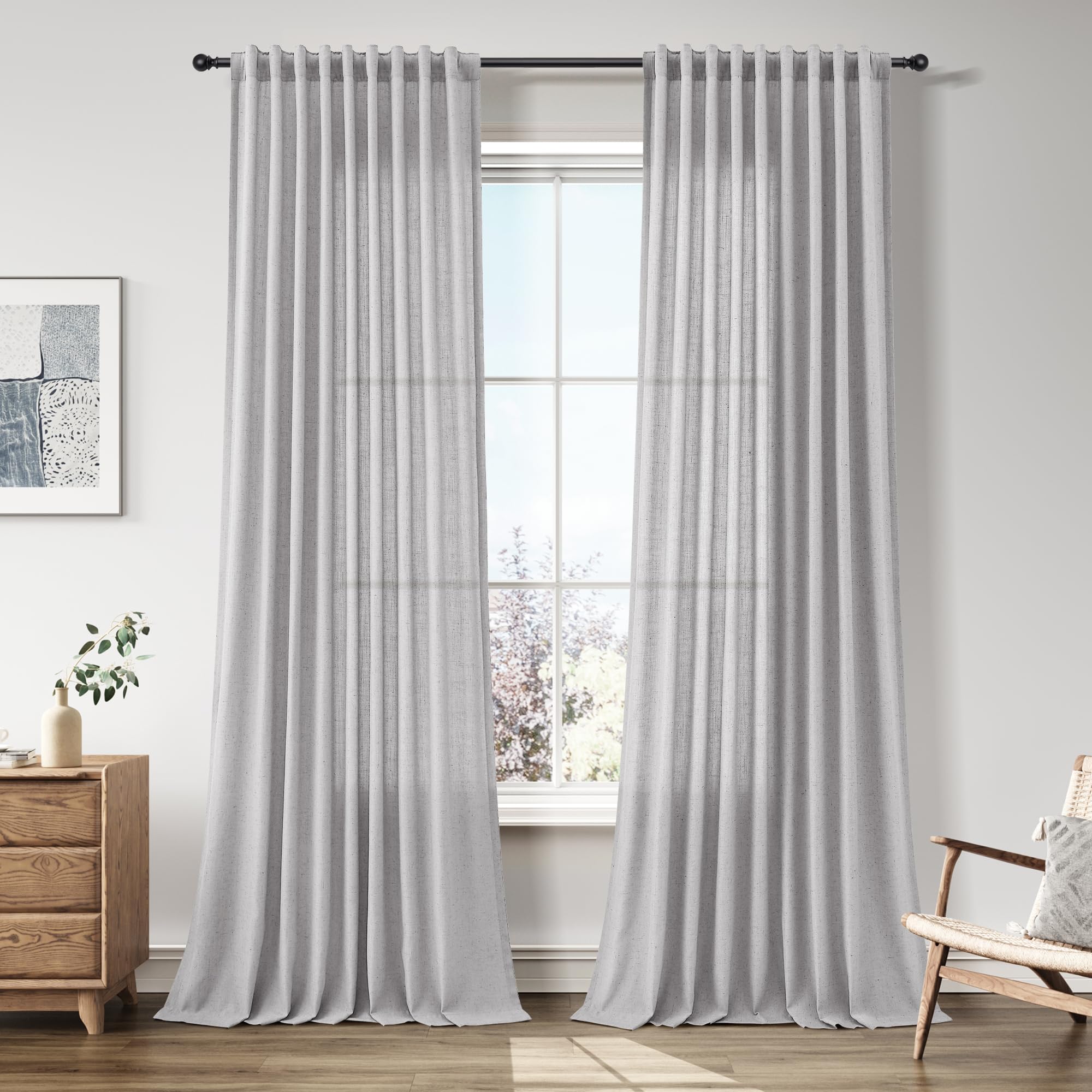 Nanspring Linen Curtains 80 Inches Long for Living Room Semi Sheer Light Filtering Curtain Back Tab Neutral Boho Modern Farmhouse Window Drapes for Bedroom 52x80 2 Panels Cream Ivory Beige Natural
