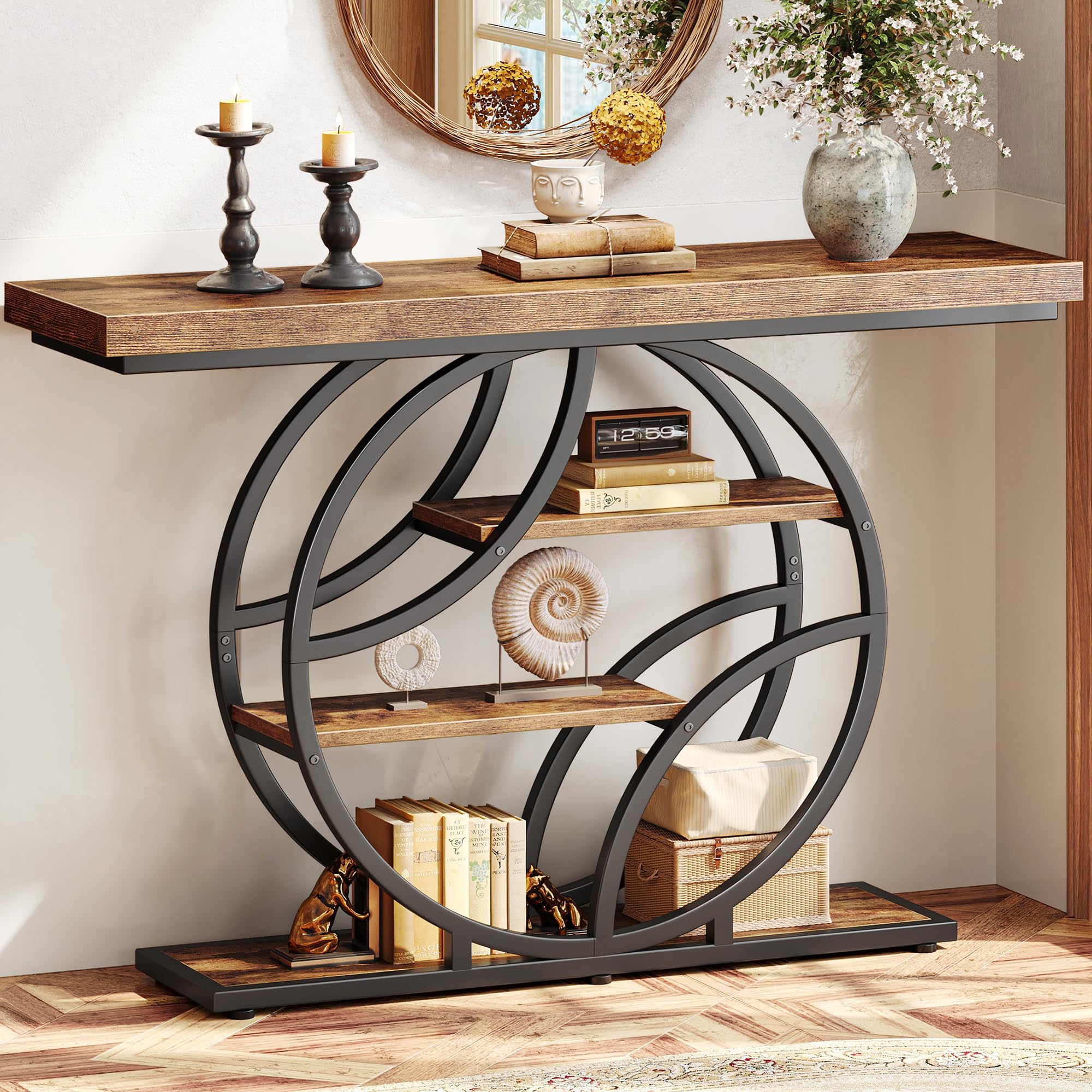 Huuger Modern Console Table, 41.3 Inch Sofa Table with Artistic Curved Metal Frame, Narrow Entryway Table for Hallway, Living Room, Behind Couch, Rustic Brown