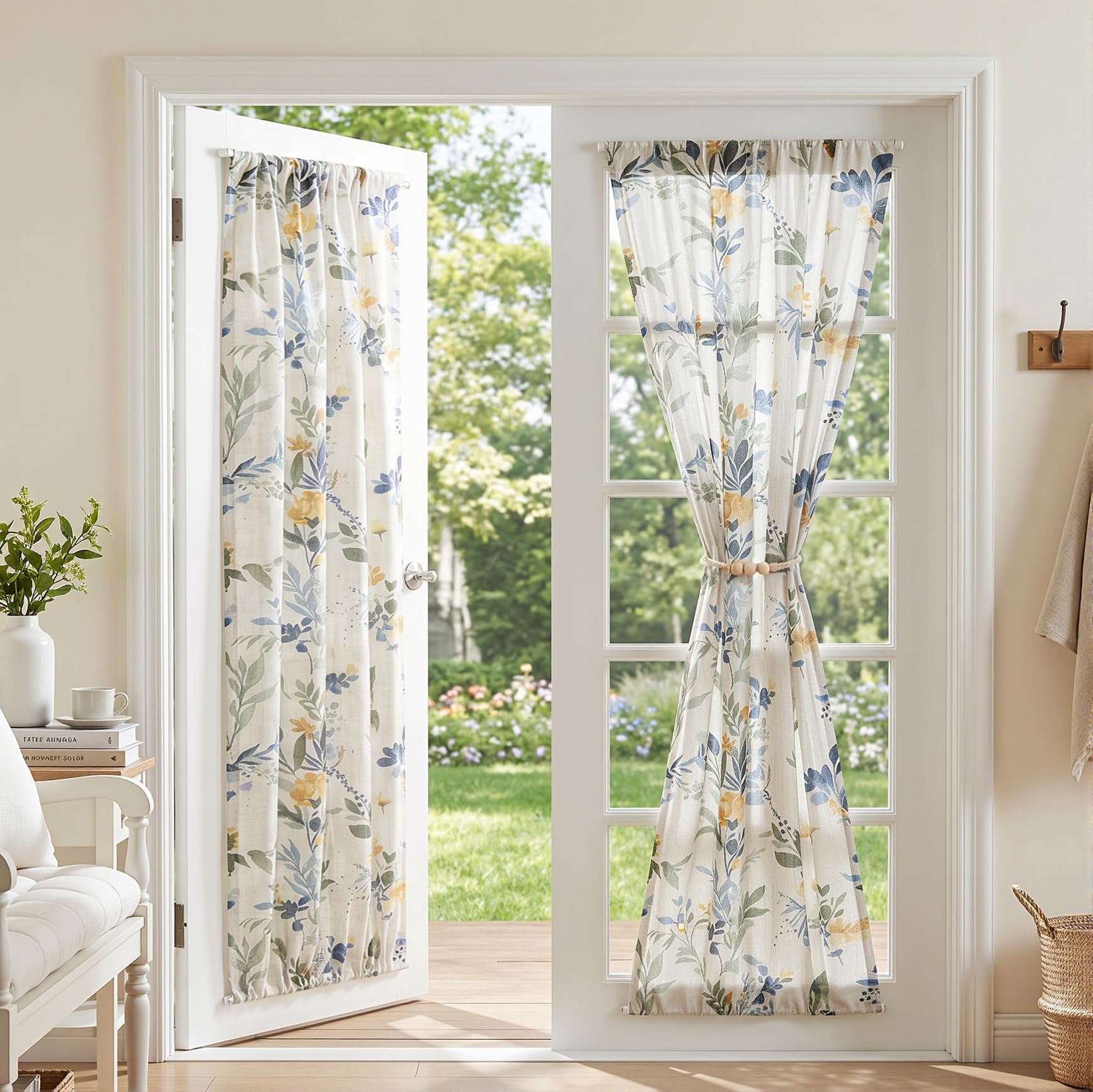 MYSKY HOME Sheer Curtains 84 Inches Long 2 Panels Linen Blended Farmhouse Curtains & Drapes for Living Room Bedroom, Light Filtering Privacy Curtains Floral Printed Classical Home Decor, Navy Blue(2)