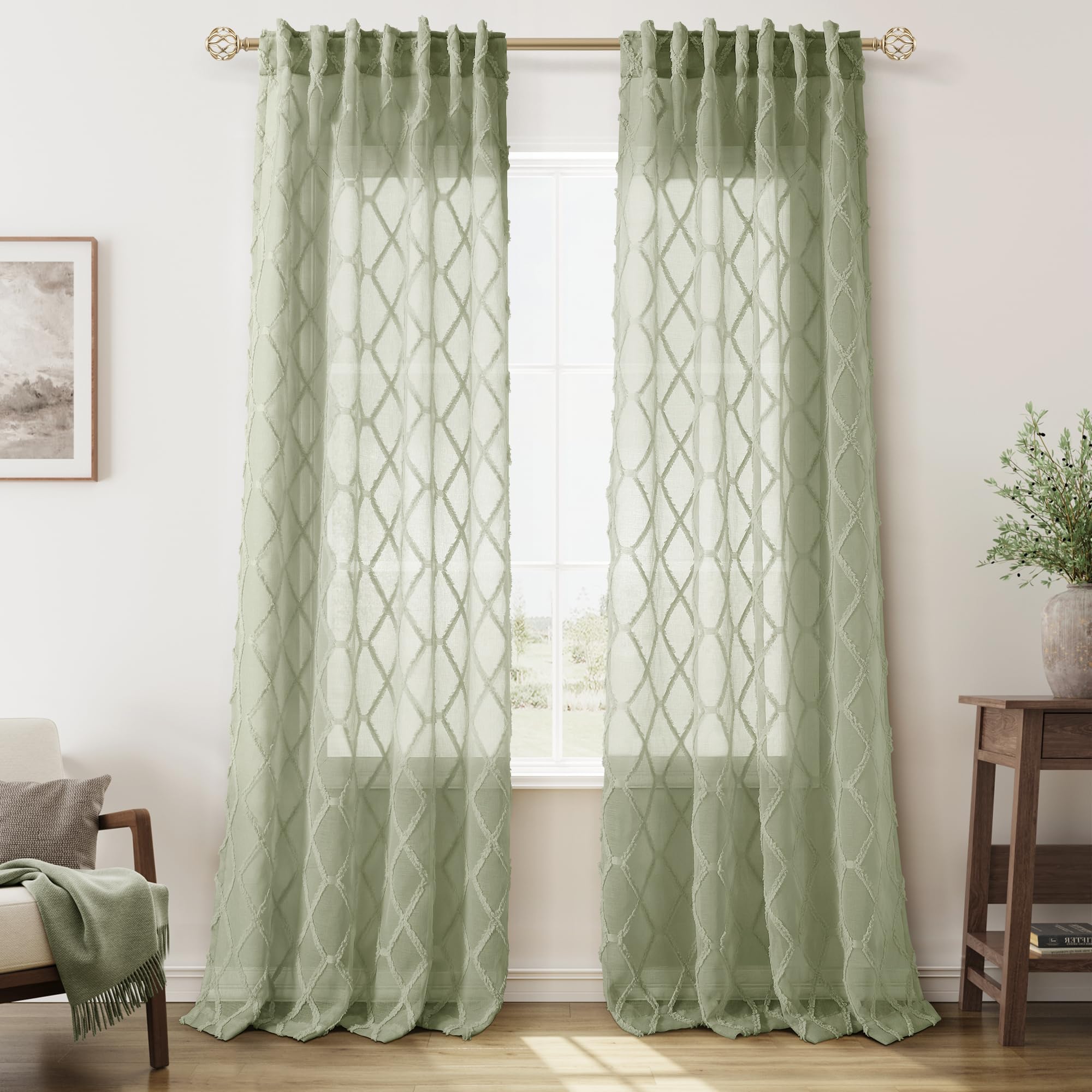 108" Beige Linen Sheer Curtains, 2 Panels, Tuft Pattern for Living Room & Bedroom