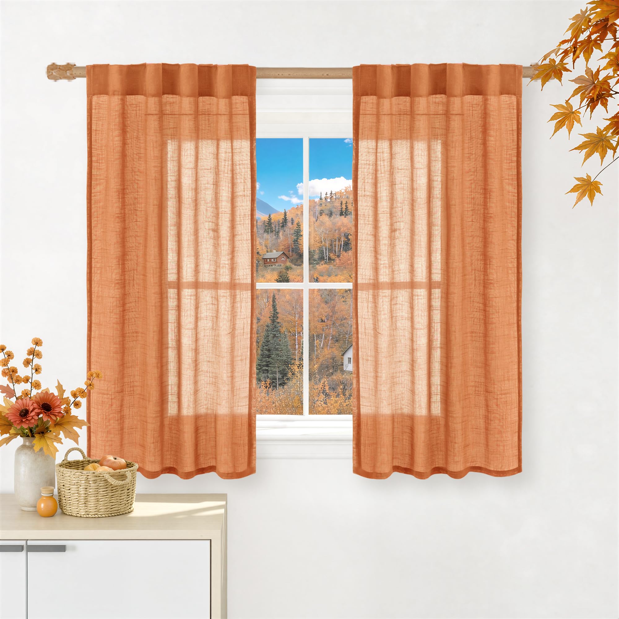 LAMIT Natural Linen Sheer Curtains 90 Inches Long 2 Panels, Long Light Filtering Window Treatments Back Tab and Rod Pocket Farmhouse Boho Panels for Living Room/Bedroom/Dining Room, 52 x 90 Inch