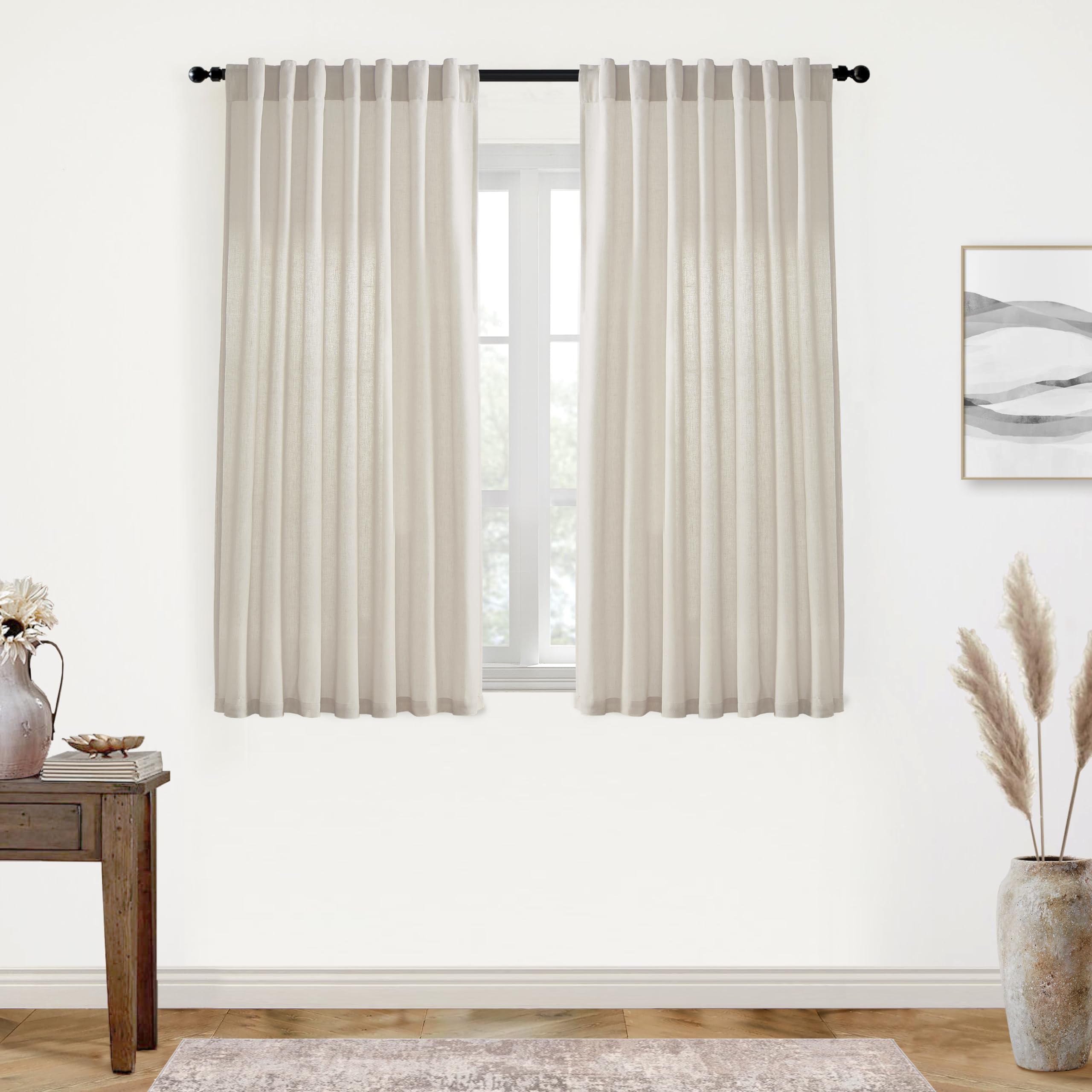 XTMYI 90 Inches Long Sheer Linen Curtains 2 Panels Set,Hook Tape Back Tab Semi Sheer Cotton Blend Fabric Modern Cottage Core Cottagecore Curtain Drapes for Living Room Bedroom,50x90 in Length