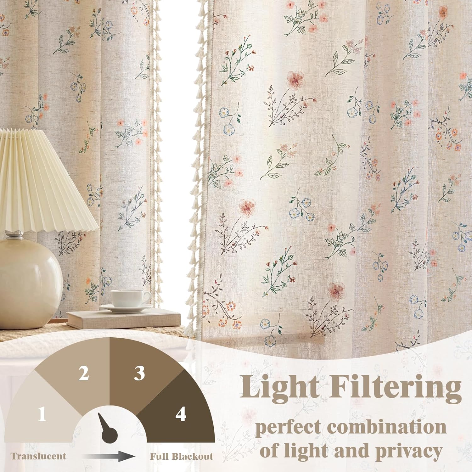Boho Floral Spring Semi Sheer Curtains 84 Inch Length 2 Panels Set, Linen Texture Farmhouse Light Filtering Curtains Beige Tassel for Bedroom Living Room Vintage Rustic Patterned Printed Rod Pocket