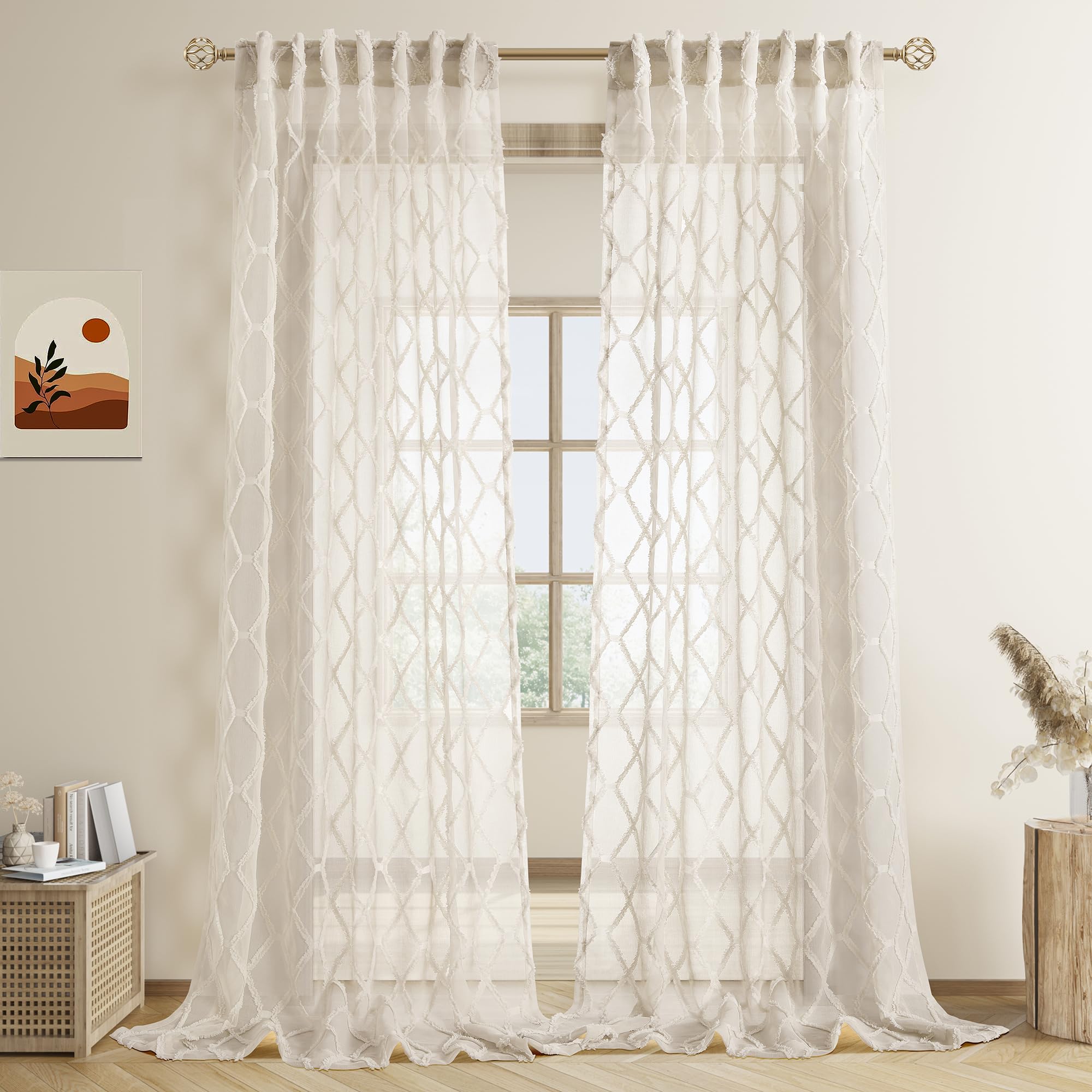 108" Beige Linen Sheer Curtains, 2 Panels, Tuft Pattern for Living Room & Bedroom