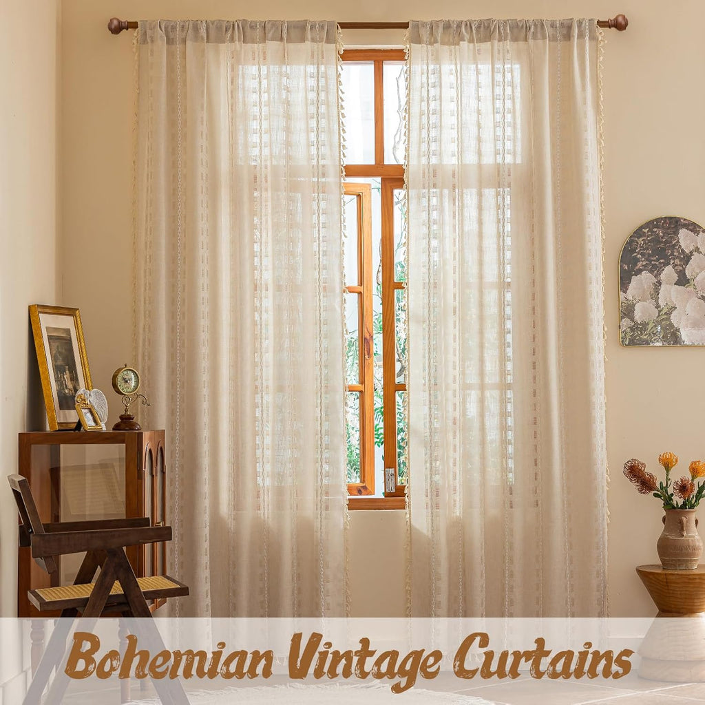 Natural Boho Semi Sheer Curtains 63 inch Length 2 Panel Set for Bedroom & Farmhouse, Bohemian Beige Light Filtering Privacy Drapes Tassels Shabby Chic Embroidery Window Curtains Back Tab & Rod pocket