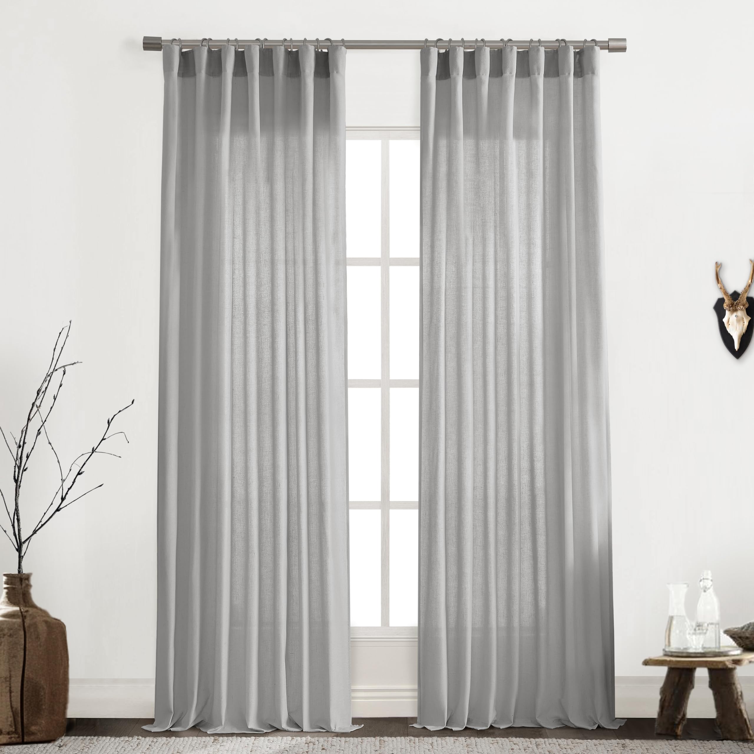 XTMYI 90 Inches Long Sheer Linen Curtains 2 Panels Set,Hook Tape Back Tab Semi Sheer Cotton Blend Fabric Modern Cottage Core Cottagecore Curtain Drapes for Living Room Bedroom,50x90 in Length