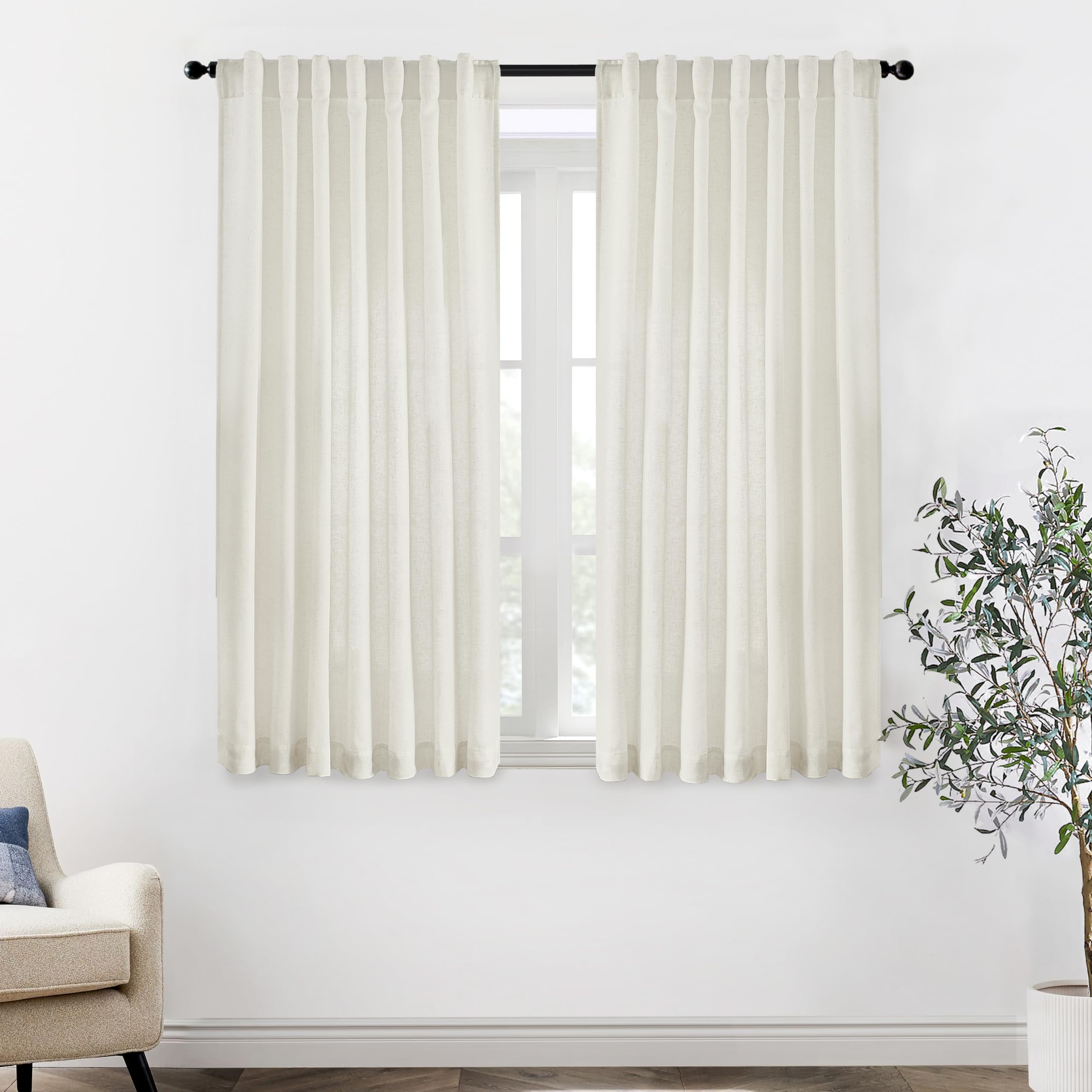 XTMYI 90 Inches Long Sheer Linen Curtains 2 Panels Set,Hook Tape Back Tab Semi Sheer Cotton Blend Fabric Modern Cottage Core Cottagecore Curtain Drapes for Living Room Bedroom,50x90 in Length