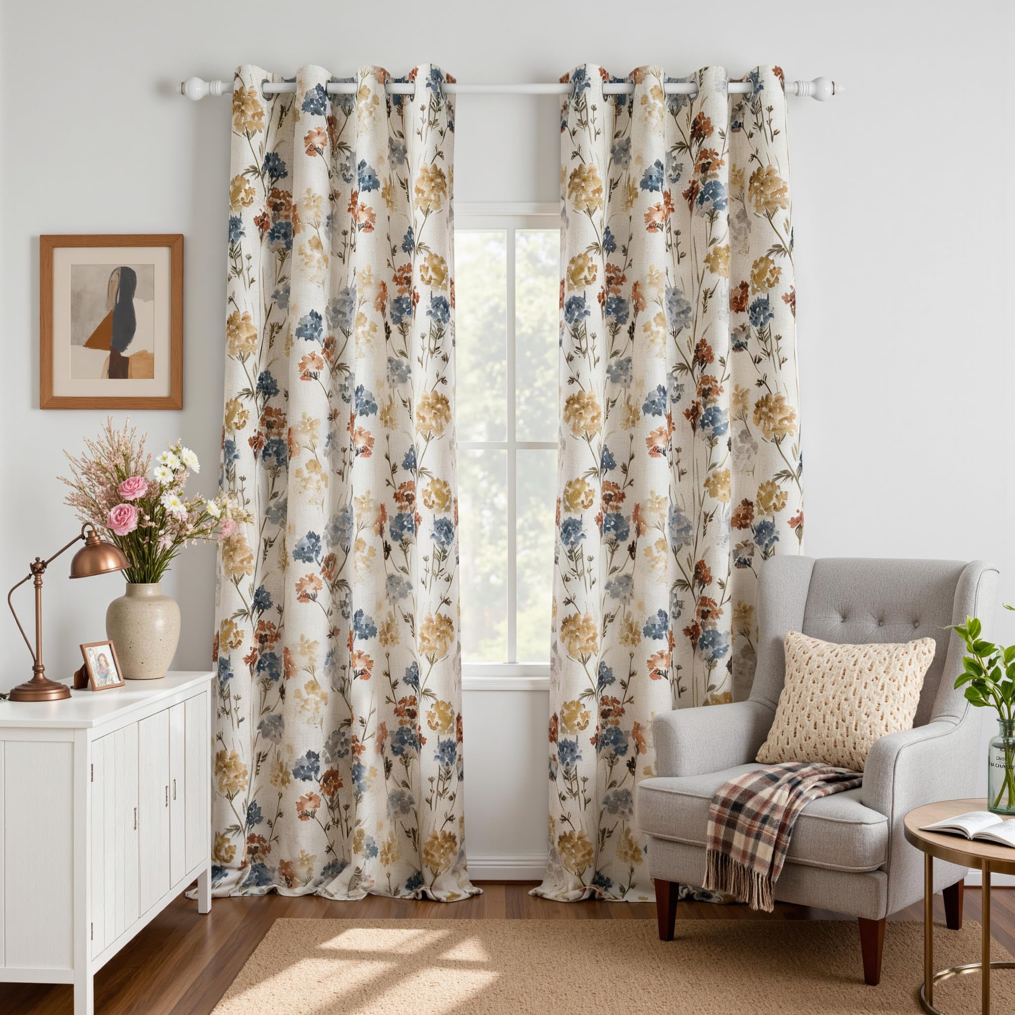MYSKY HOME Sage Green Floral Linen Spring Curtains 84 inch Long 2 Panels Set Semi Sheer Light Filtering Farmhouse Flower Pattern Grommet Top for Living Room Bedroom, 52" W Each Panel