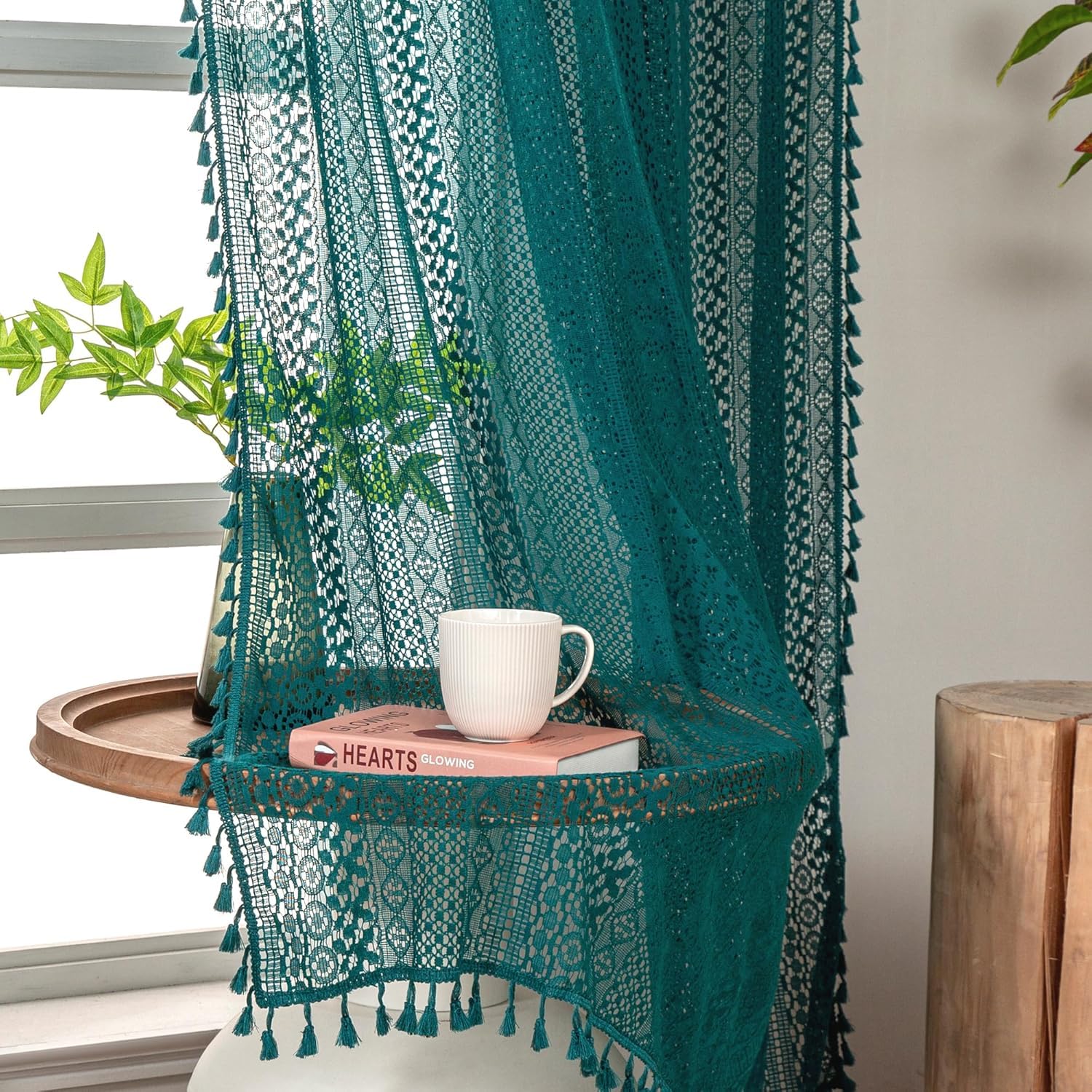 WAZZIO Boho Lace Curtains 108 Inch 2 Panel,Light Filtering Privacy Tassel & Geometry Crochet Semi Sheer Curtain Drapes for Bedroom Living Dining Room,Rod Pocket & Tassel,Vintage Farmhouse Decor,Beige