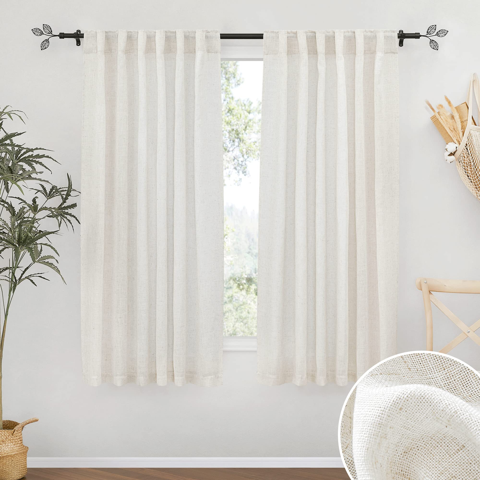 RYB HOME Semi Sheer Curtains 102 inches Long, Back Tab Light Filtration Half Privacy Window Curtains & Drapes for Bedroom Living Room, Linen, W 52 x L 102 inches, 2 Panels Set