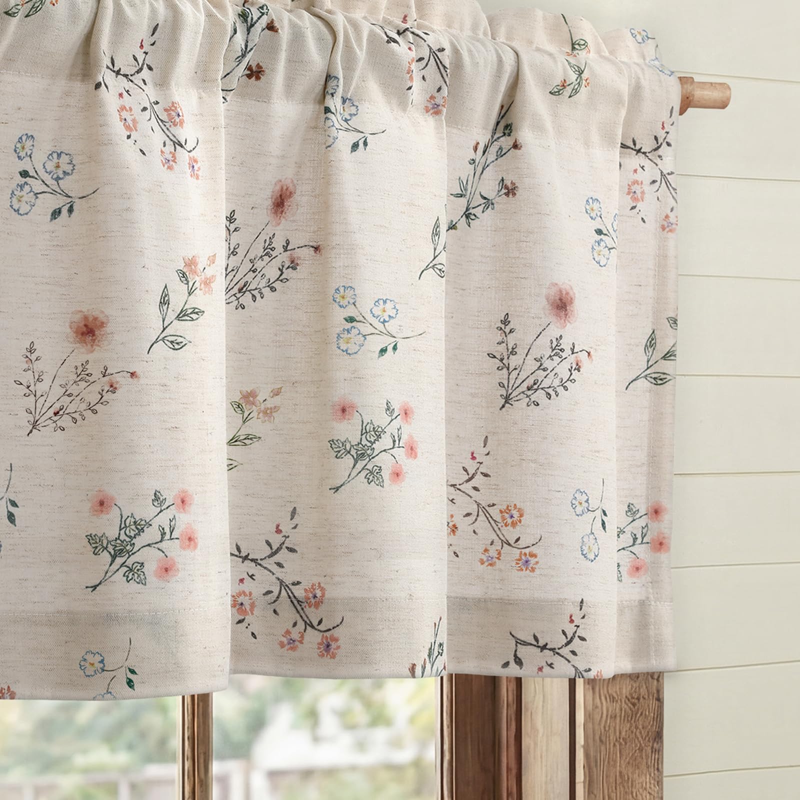 Boho Floral Spring Semi Sheer Curtains 84 Inch Length 2 Panels Set, Linen Texture Farmhouse Light Filtering Curtains Beige Tassel for Bedroom Living Room Vintage Rustic Patterned Printed Rod Pocket