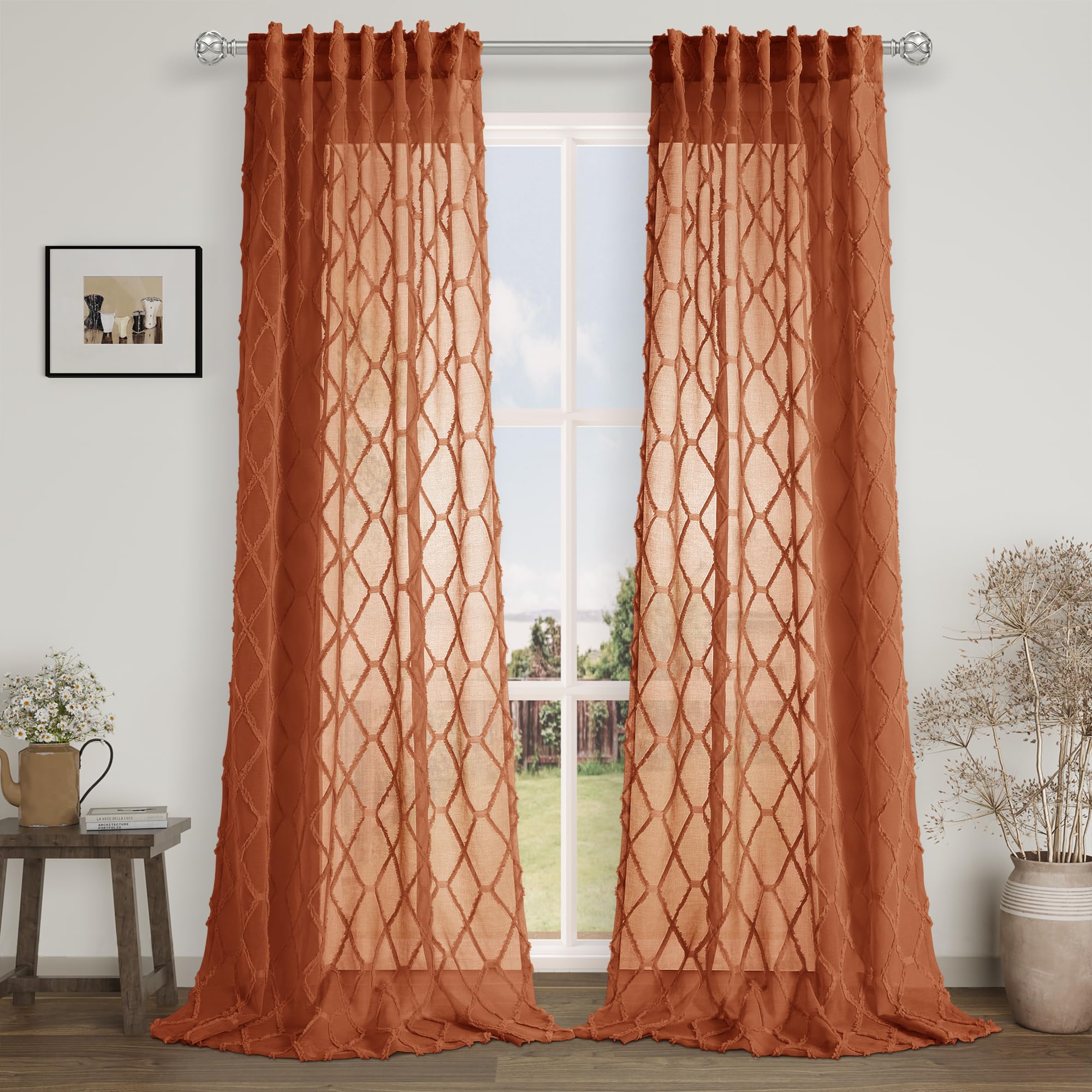 108" Beige Linen Sheer Curtains, 2 Panels, Tuft Pattern for Living Room & Bedroom