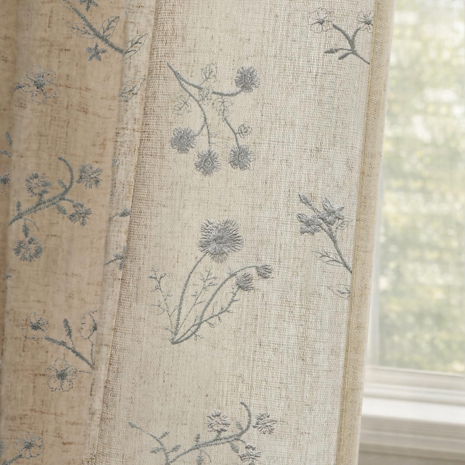 Boho Floral Spring Semi Sheer Curtains 84 Inch Length 2 Panels Set, Linen Texture Farmhouse Light Filtering Curtains Beige Tassel for Bedroom Living Room Vintage Rustic Patterned Printed Rod Pocket