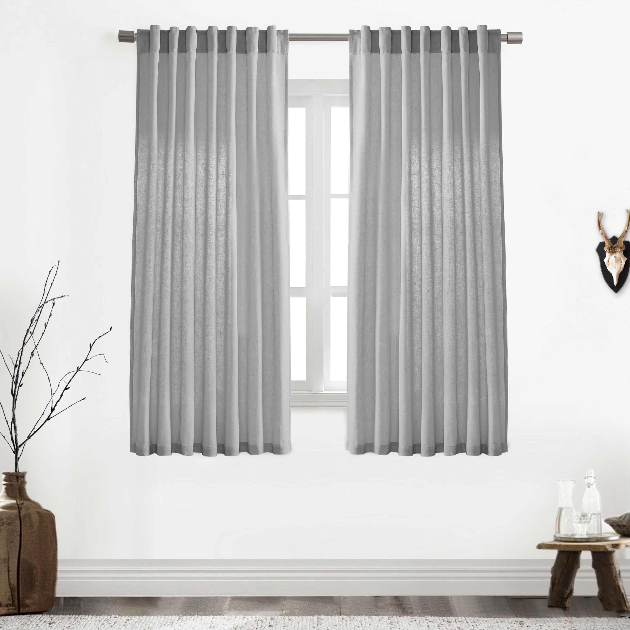 XTMYI 90 Inches Long Sheer Linen Curtains 2 Panels Set,Hook Tape Back Tab Semi Sheer Cotton Blend Fabric Modern Cottage Core Cottagecore Curtain Drapes for Living Room Bedroom,50x90 in Length