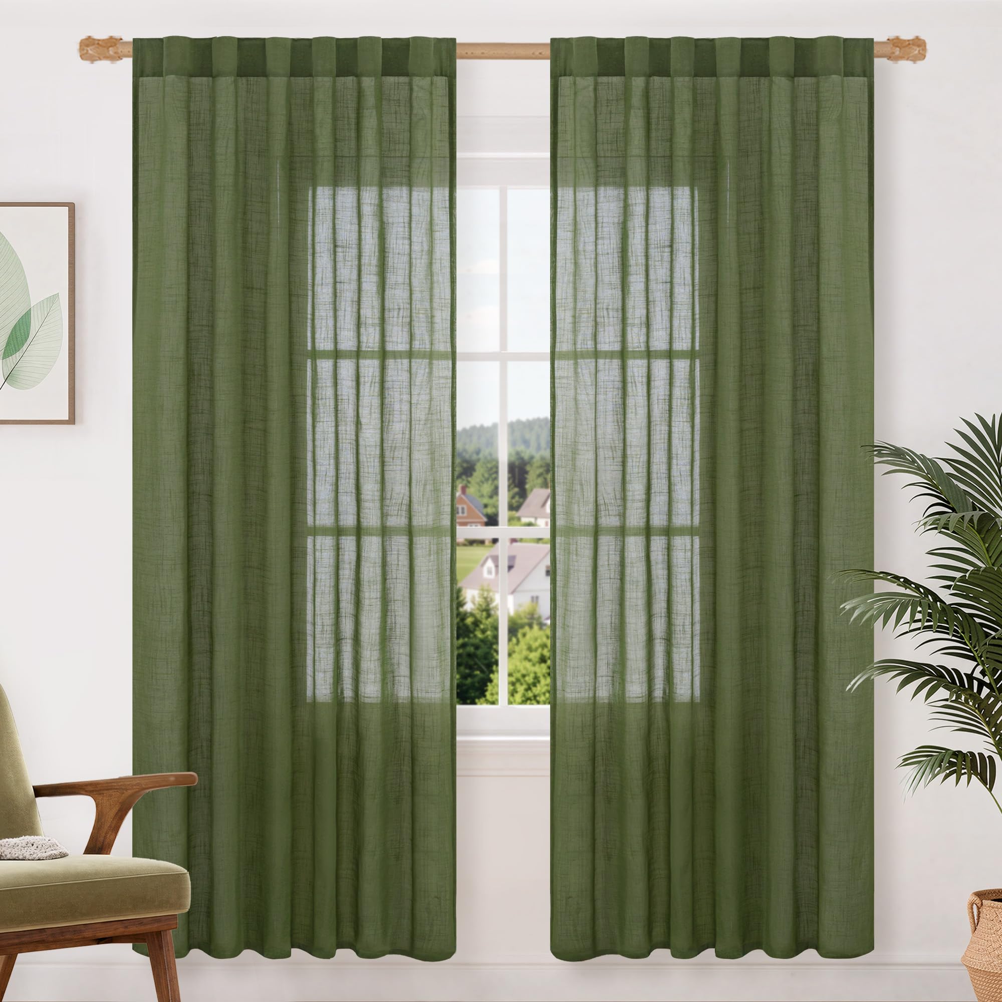 LAMIT Natural Linen Sheer Curtains 90 Inches Long 2 Panels, Long Light Filtering Window Treatments Back Tab and Rod Pocket Farmhouse Boho Panels for Living Room/Bedroom/Dining Room, 52 x 90 Inch