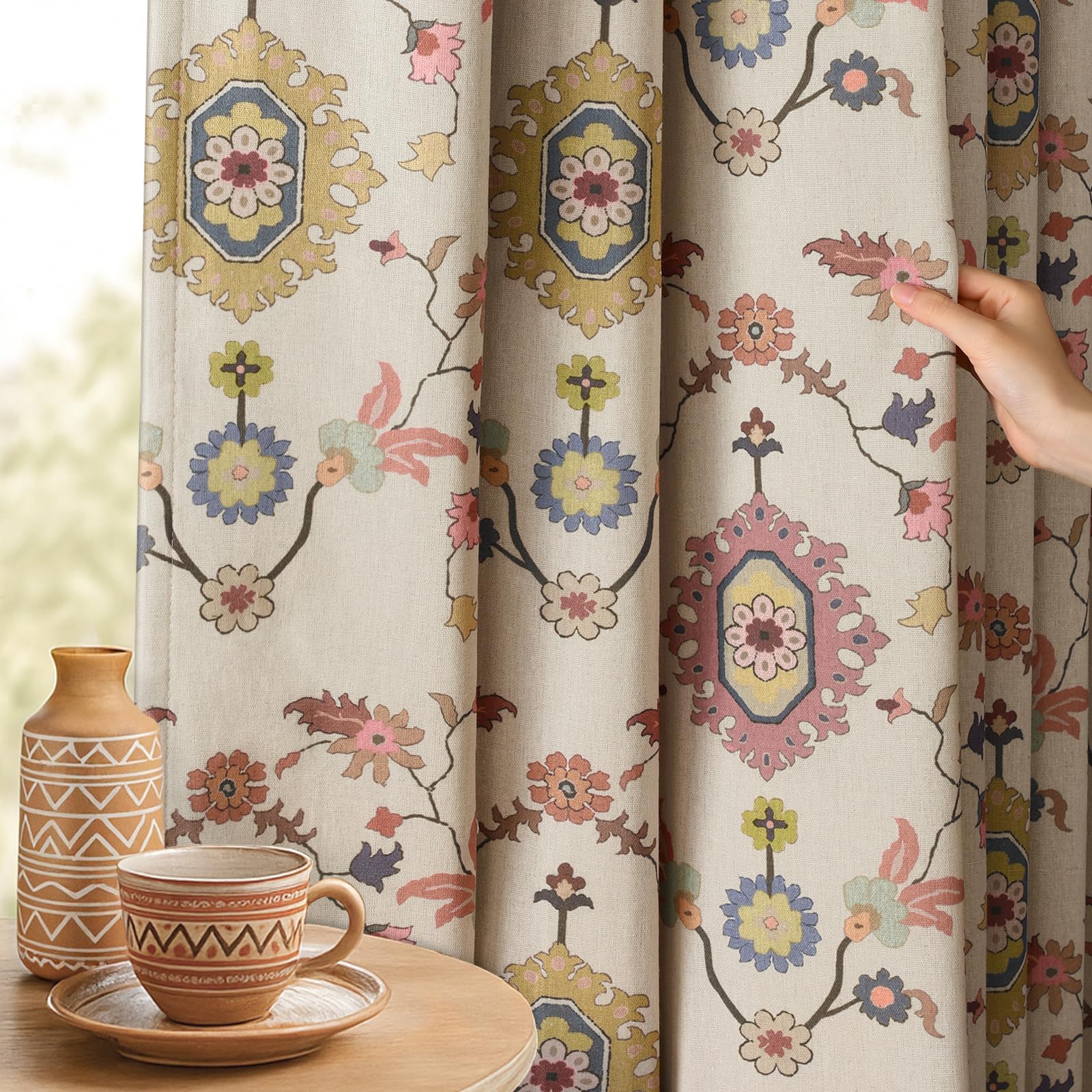 Boho Floral Spring Semi Sheer Curtains 84 Inch Length 2 Panels Set, Linen Texture Farmhouse Light Filtering Curtains Beige Tassel for Bedroom Living Room Vintage Rustic Patterned Printed Rod Pocket