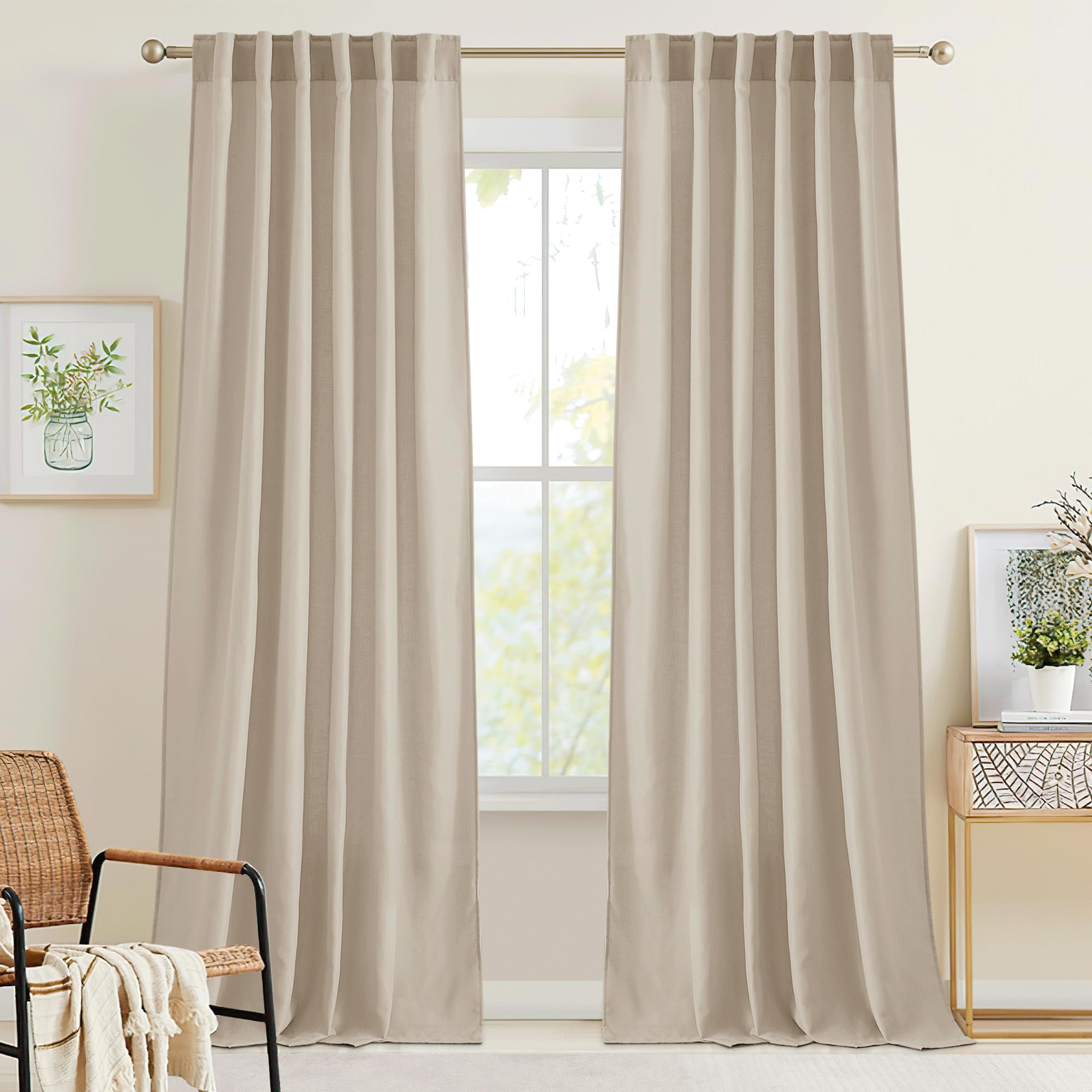 RYB HOME Semi Sheer Curtains 102 inches Long, Back Tab Light Filtration Half Privacy Window Curtains & Drapes for Bedroom Living Room, Linen, W 52 x L 102 inches, 2 Panels Set