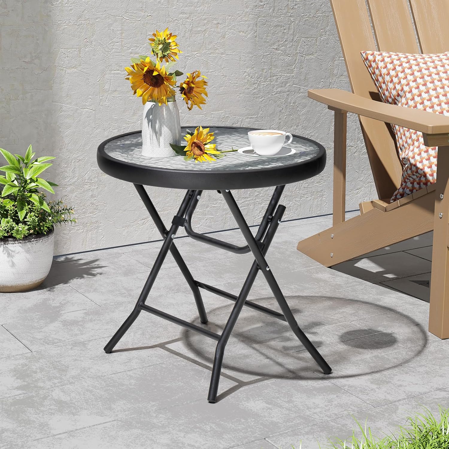 18" Black Tempered Glass Folding Side Table for Outdoor Spaces