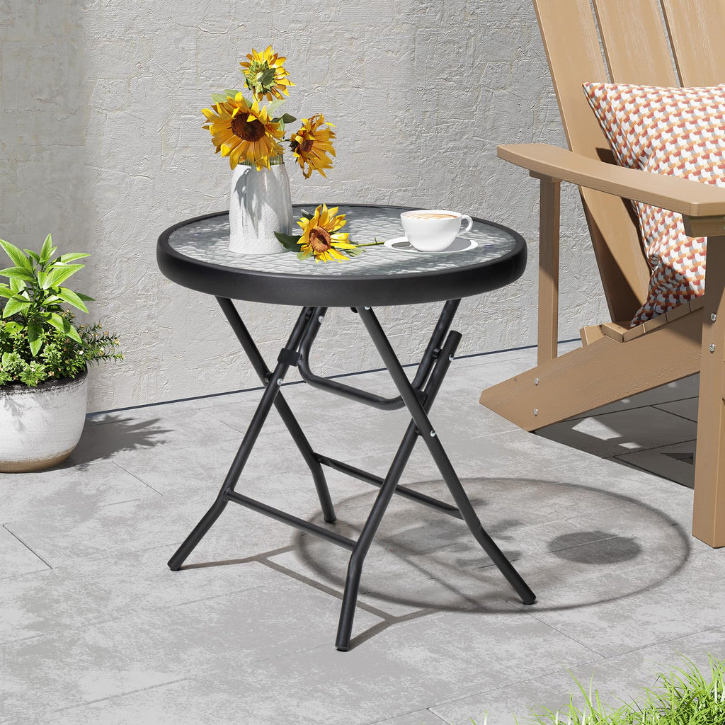 18" Black Tempered Glass Folding Side Table for Outdoor Spaces