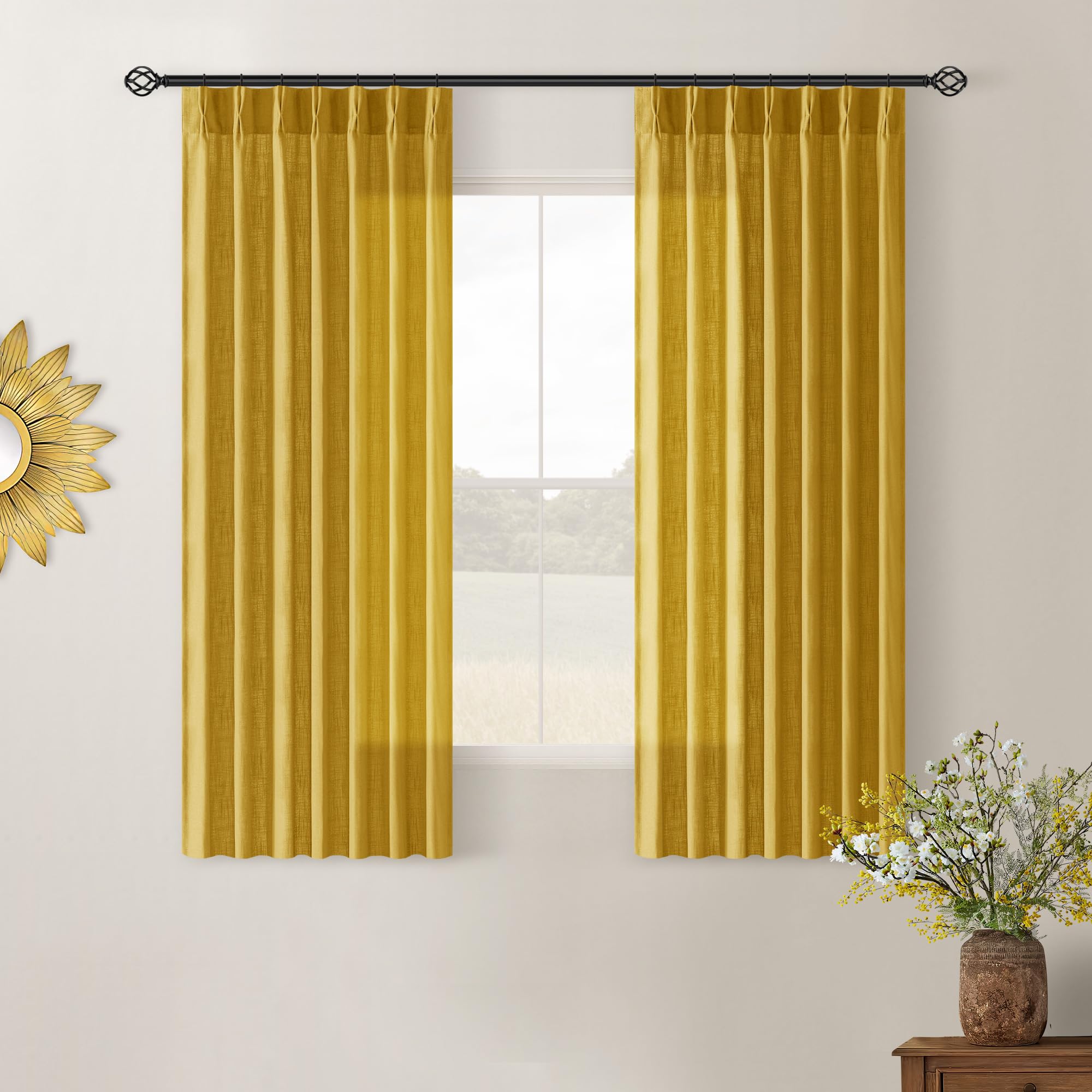 Natural Pinch Pleated Linen Curtains 84 Inch Length 2 Panels for Living Room Bedroom Textured Cream Ivory Birch Semi Sheer Boho Neutral Back Tab Pinch Pleat Hooks Rings Window Curtain 84 Inches Long