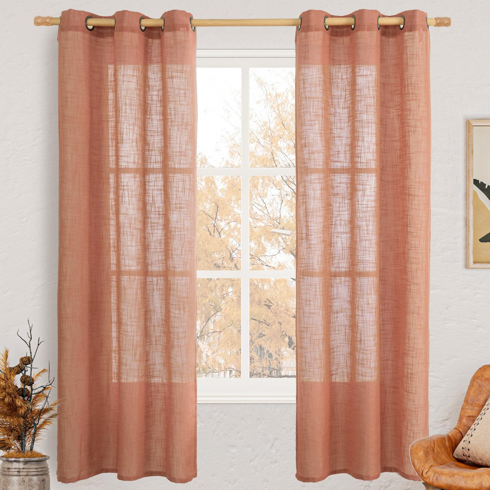 LAMIT Natural Cream Ivory Long Linen Curtains for Living Room, 108 inches Long Bronze Grommet Light Filtering Window Textured Neutral Sheer Drapes for Bedroom Farmhouse, 2 Panels, 52 x 108 Inch