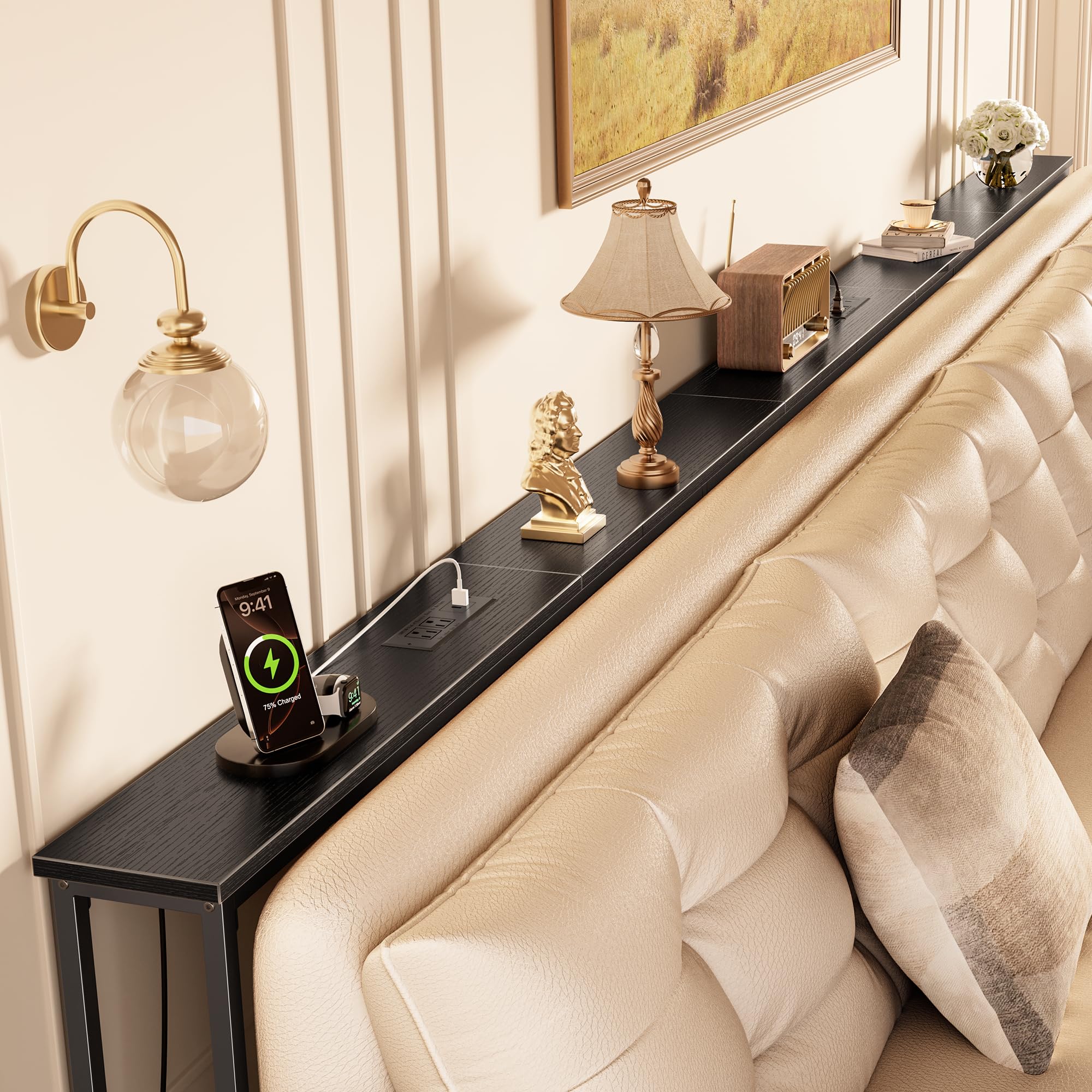 Huuger 141.7 Inch Sofa Table with Power Outlets and USB-C Ports, 5.9 Inch Narrow Entryway Table, Behind Couch Table with Storage, Extra-Long Console Table, Living Room, Rusitc Brown