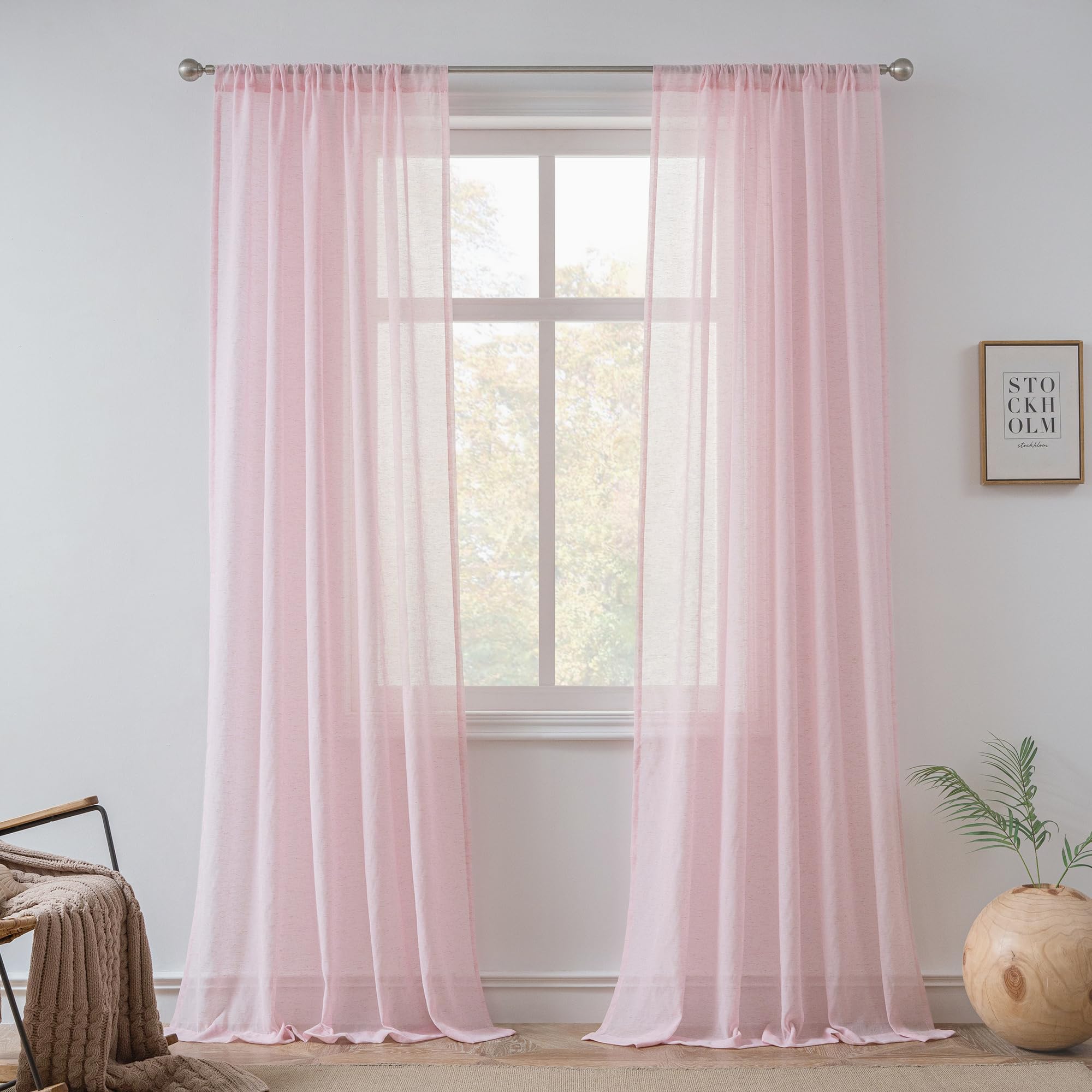 FMFUNCTEX Linen Sheer Curtains for Living Room, Beige Curtains 96 inches Long for Bedroom, Natural Flax Blend Window Draperies for Farmhouse Curtain, Rod Pocket 2 Panels