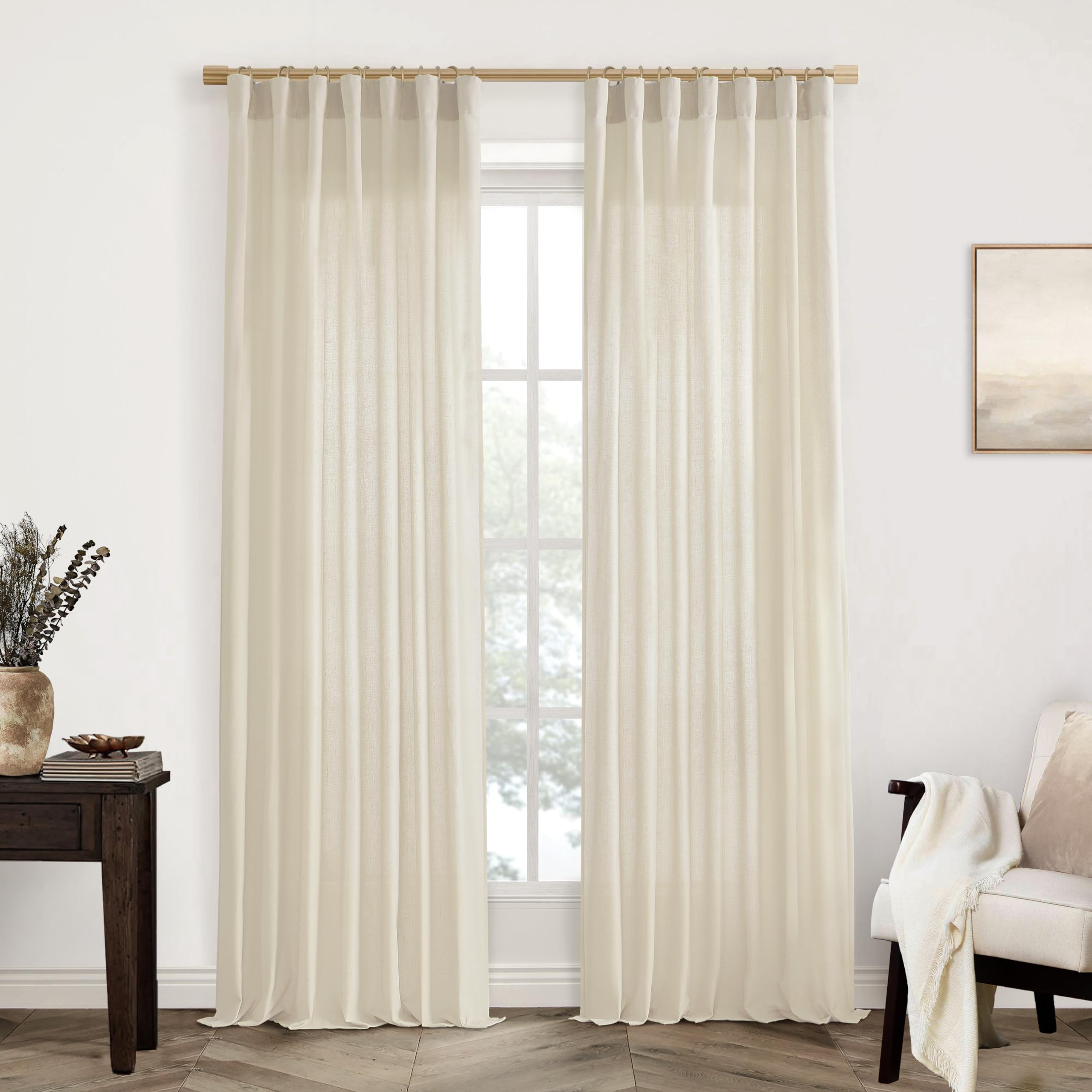 XTMYI 90 Inches Long Sheer Linen Curtains 2 Panels Set,Hook Tape Back Tab Semi Sheer Cotton Blend Fabric Modern Cottage Core Cottagecore Curtain Drapes for Living Room Bedroom,50x90 in Length
