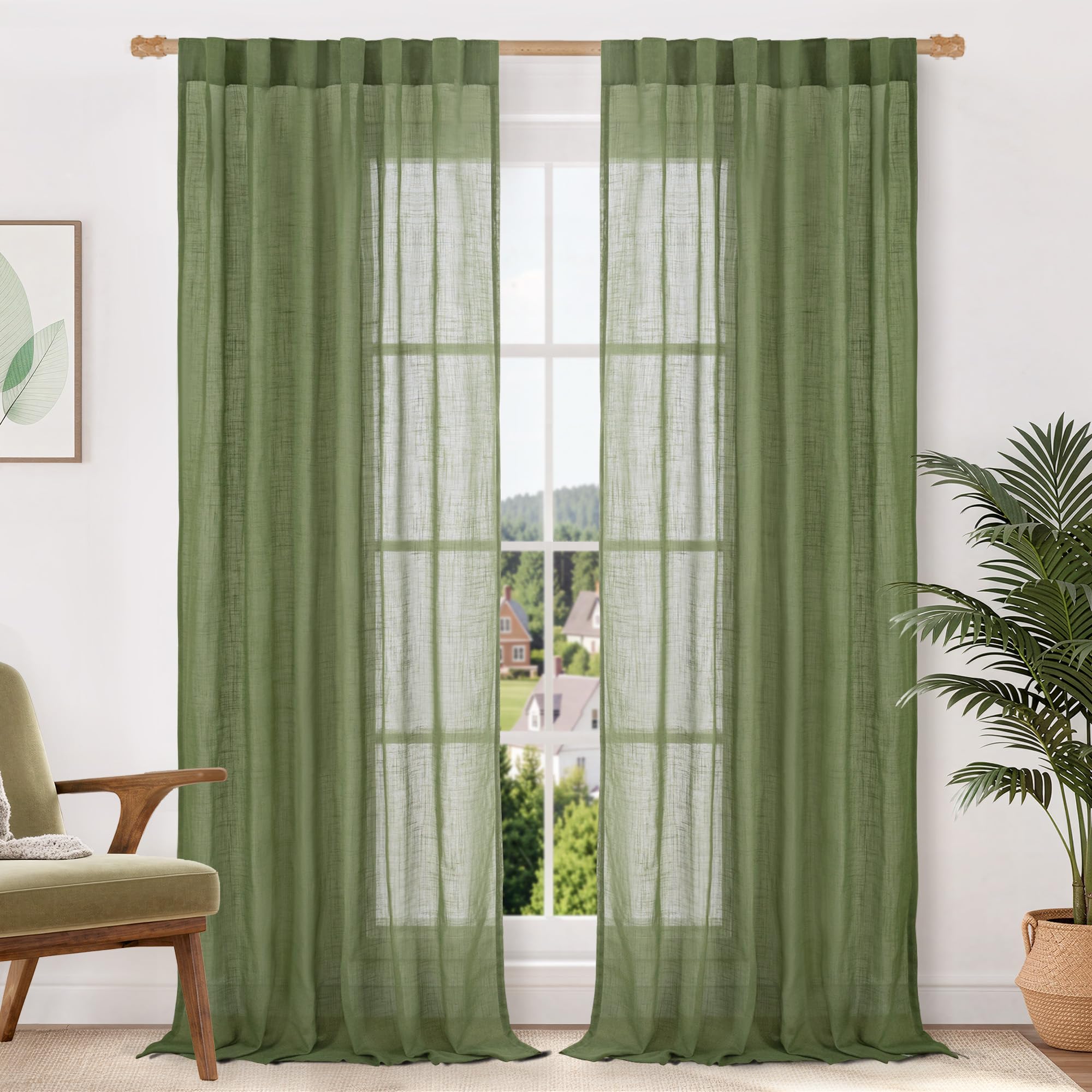 LAMIT Natural Linen Sheer Curtains 90 Inches Long 2 Panels, Long Light Filtering Window Treatments Back Tab and Rod Pocket Farmhouse Boho Panels for Living Room/Bedroom/Dining Room, 52 x 90 Inch