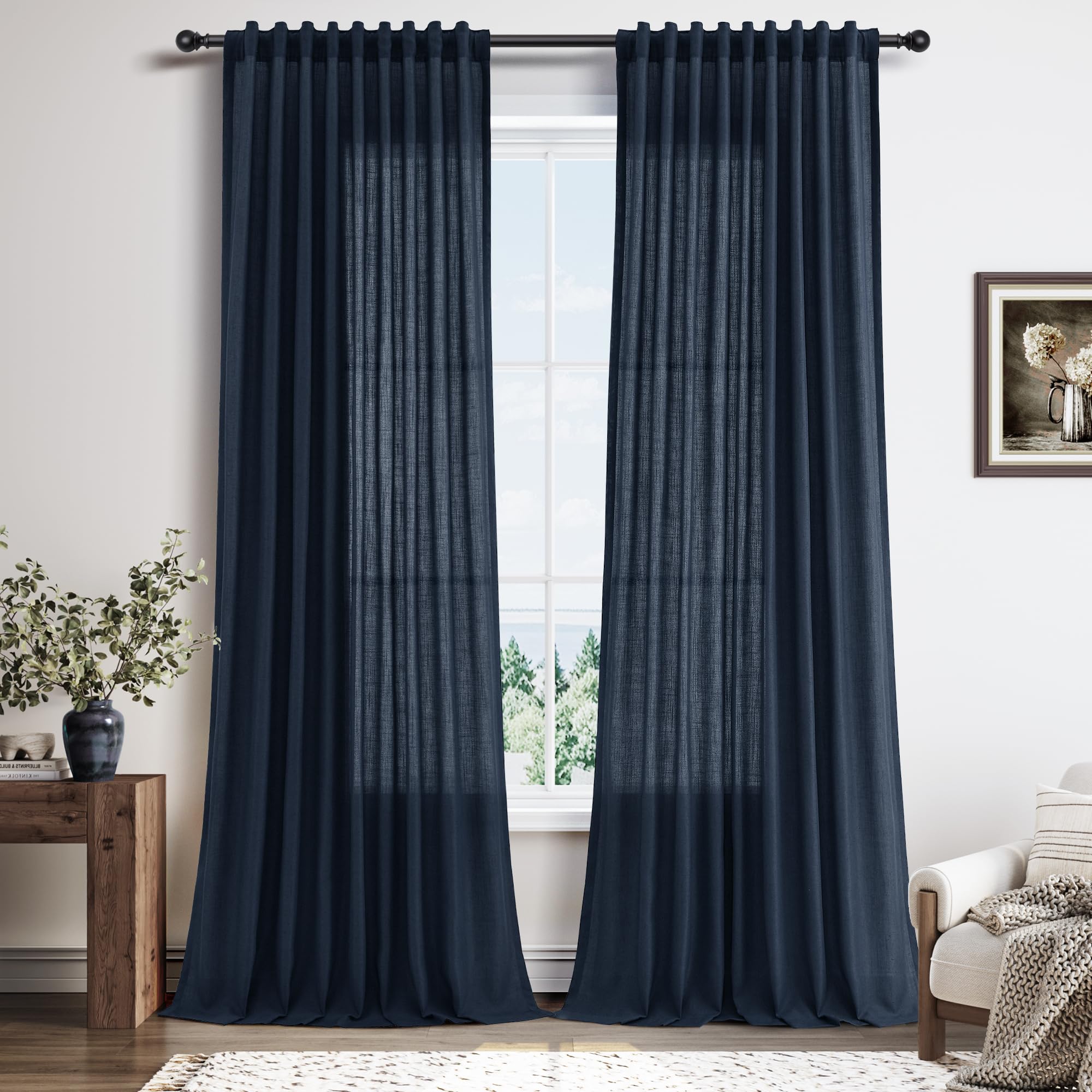 Nanspring Linen Curtains 80 Inches Long for Living Room Semi Sheer Light Filtering Curtain Back Tab Neutral Boho Modern Farmhouse Window Drapes for Bedroom 52x80 2 Panels Cream Ivory Beige Natural