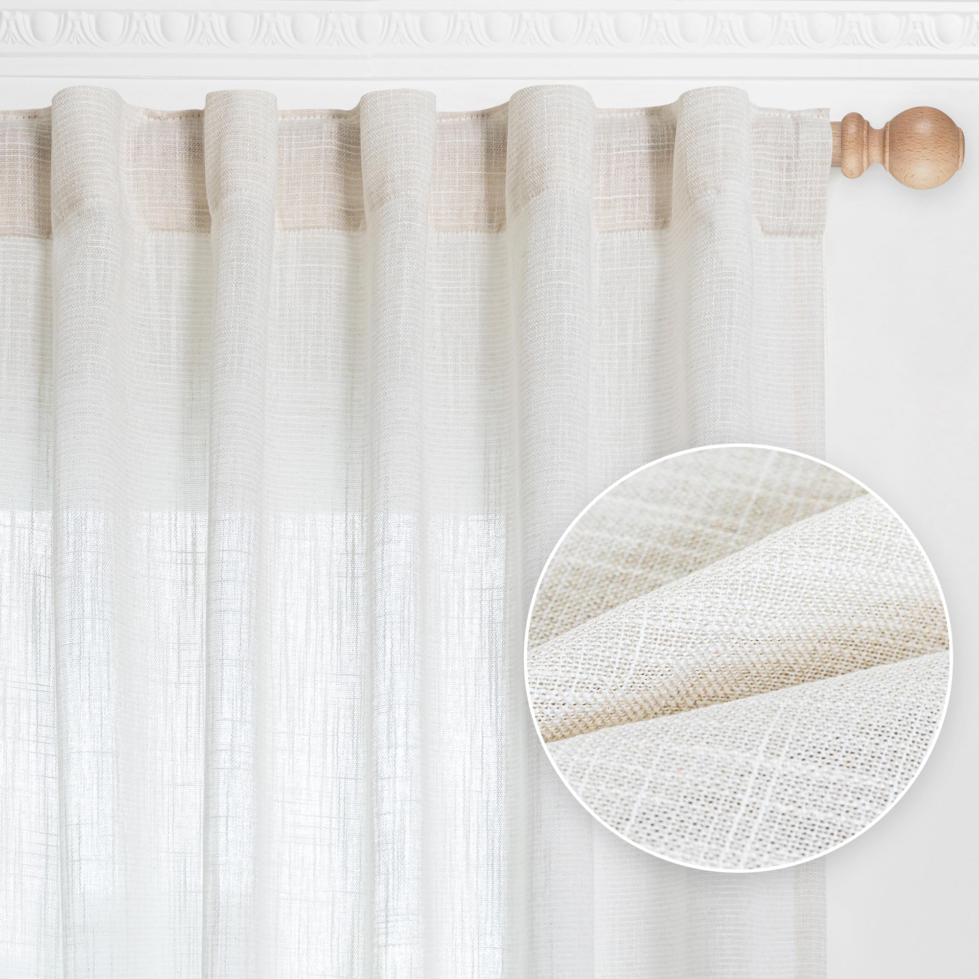 MYSKY HOME Country Curtains for Sliding Glass Door, Back Tab Semi Sheer Curtain Panels Extra Long Floor Length Drapes Linen Texture Soft Touch, 50x108 Inch, Linen, Set of 2
