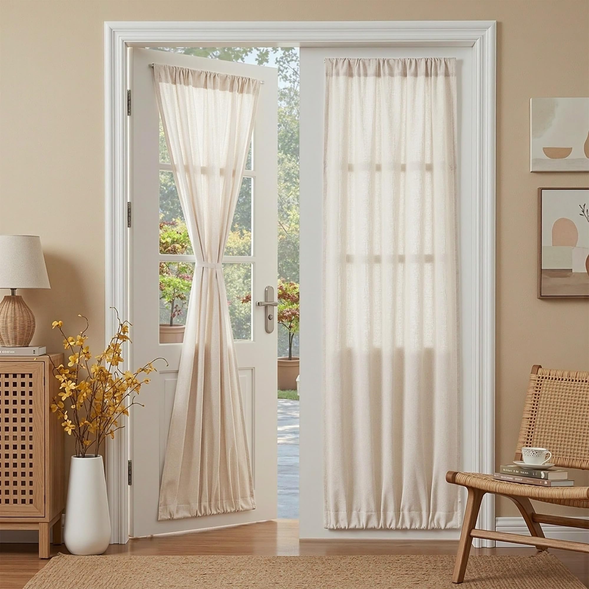 MYSKY HOME Country Curtains for Sliding Glass Door, Back Tab Semi Sheer Curtain Panels Extra Long Floor Length Drapes Linen Texture Soft Touch, 50x108 Inch, Linen, Set of 2