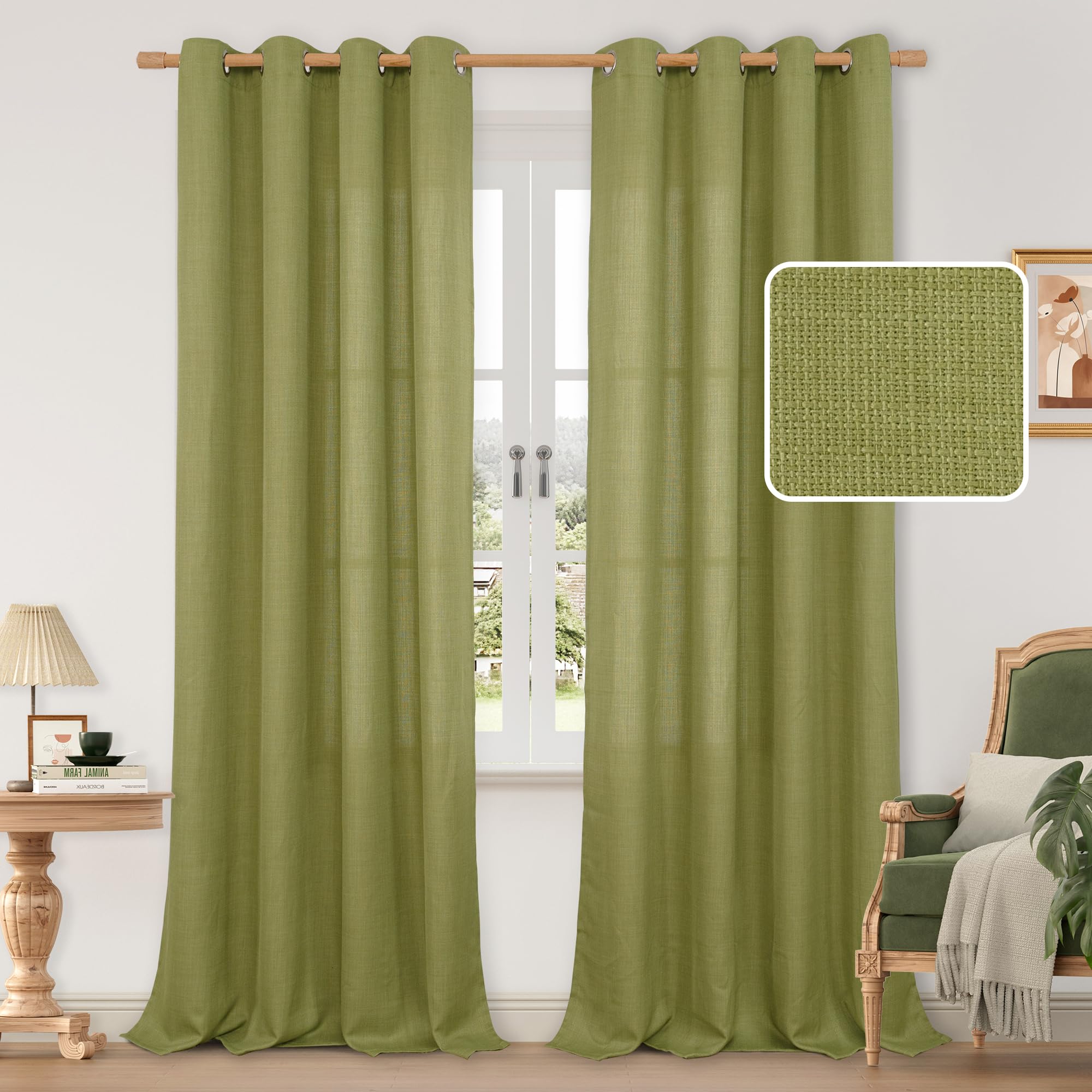 LAMIT Natural Cream Ivory Long Linen Curtains for Living Room, 108 inches Long Bronze Grommet Light Filtering Window Textured Neutral Sheer Drapes for Bedroom Farmhouse, 2 Panels, 52 x 108 Inch