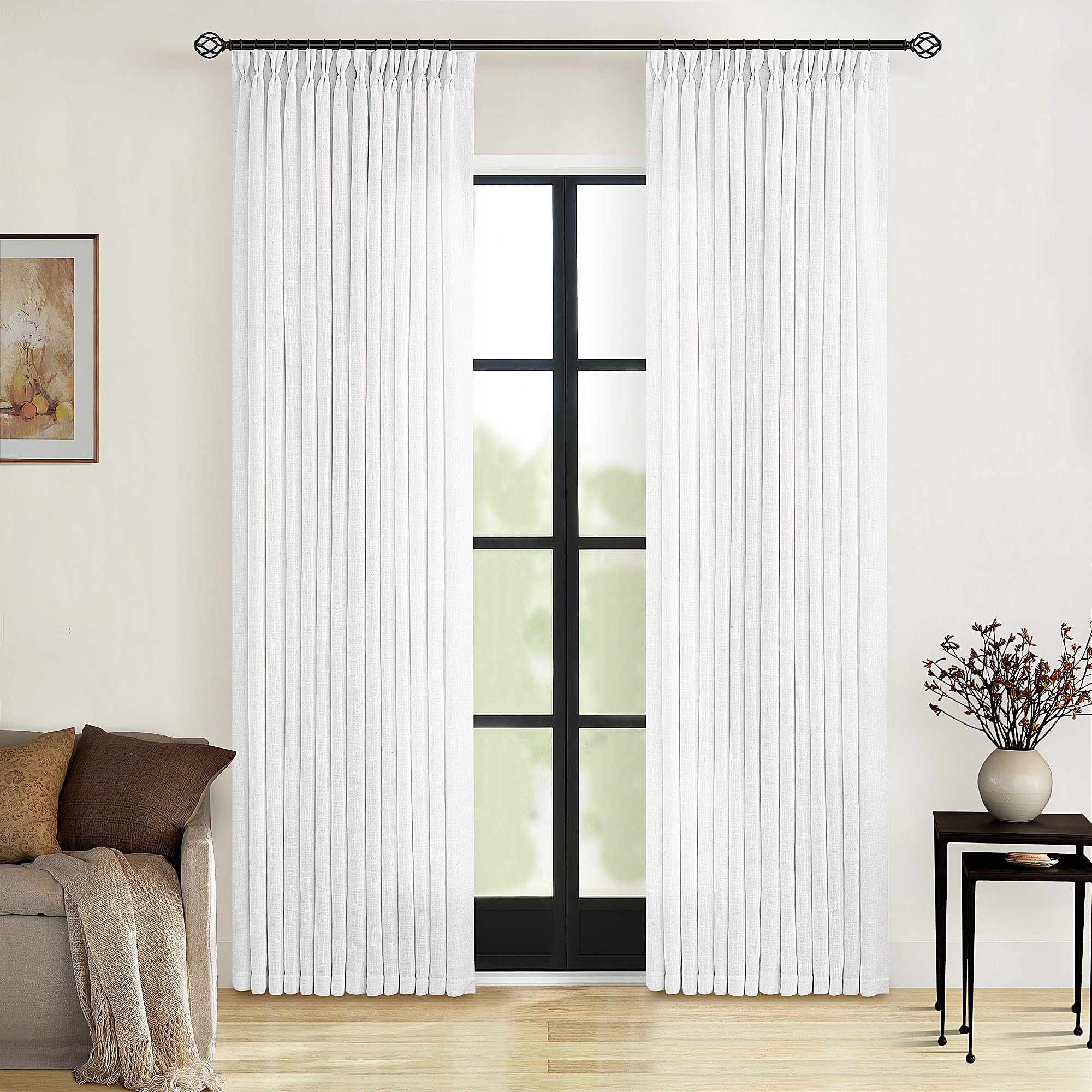 Natural Pinch Pleated Linen Curtains 84 Inch Length 2 Panels for Living Room Bedroom Textured Cream Ivory Birch Semi Sheer Boho Neutral Back Tab Pinch Pleat Hooks Rings Window Curtain 84 Inches Long