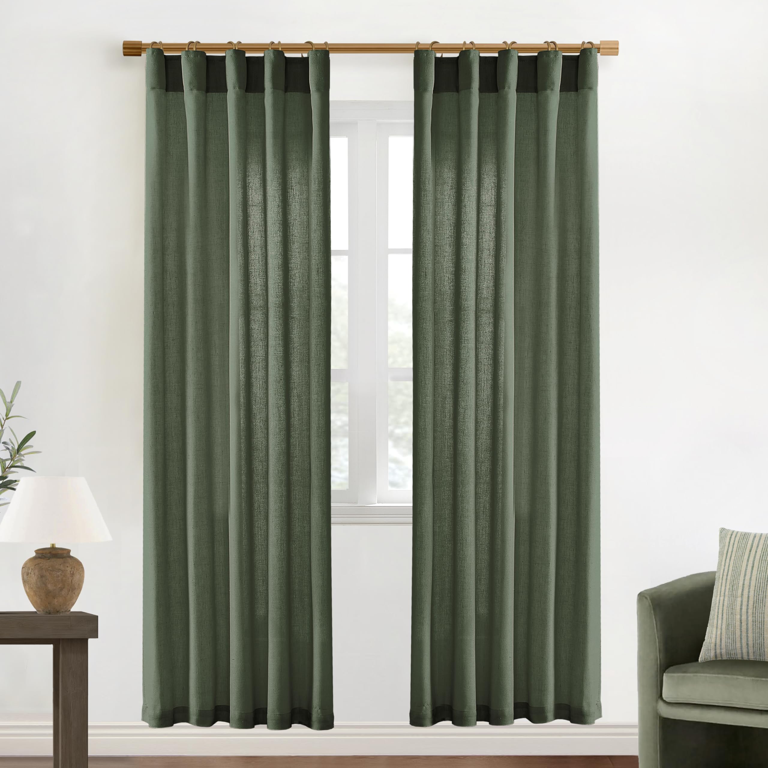 XTMYI 90 Inches Long Sheer Linen Curtains 2 Panels Set,Hook Tape Back Tab Semi Sheer Cotton Blend Fabric Modern Cottage Core Cottagecore Curtain Drapes for Living Room Bedroom,50x90 in Length