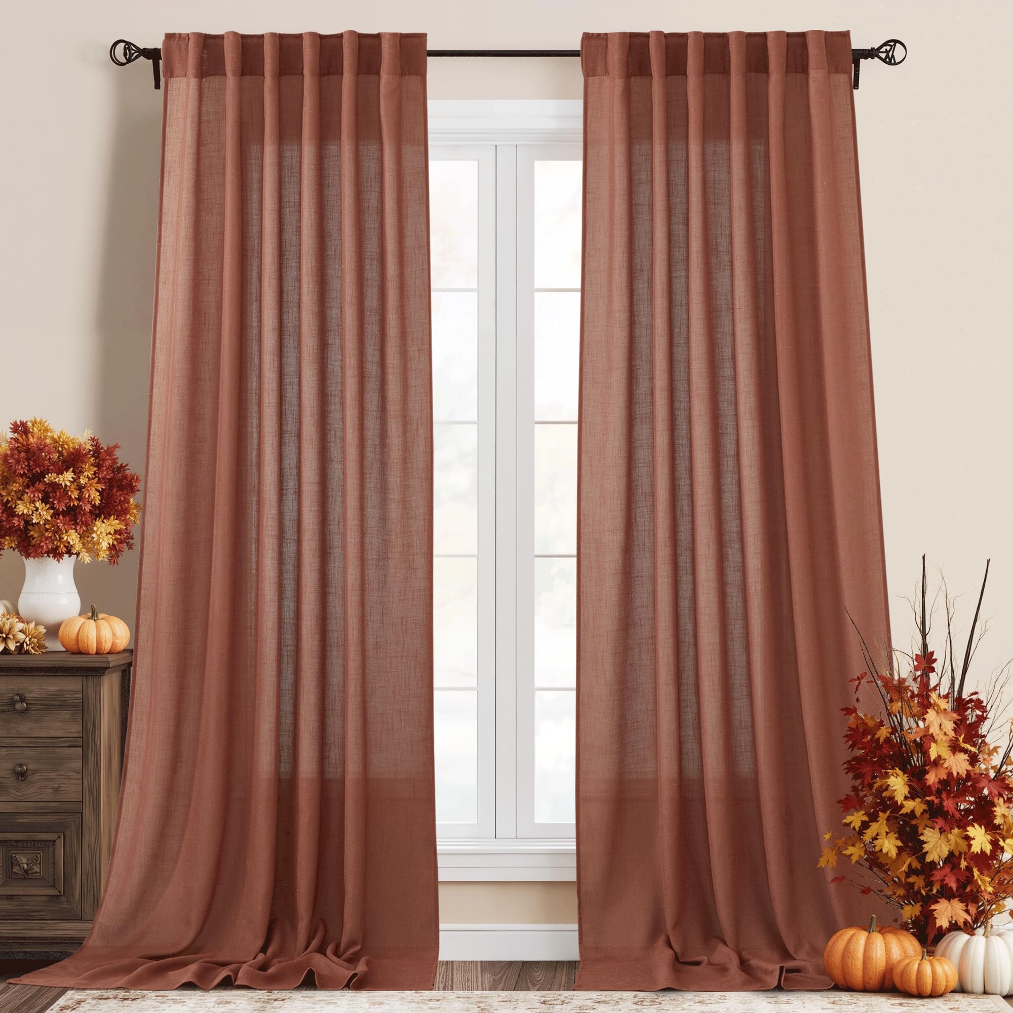RYB HOME Semi Sheer Curtains 102 inches Long, Back Tab Light Filtration Half Privacy Window Curtains & Drapes for Bedroom Living Room, Linen, W 52 x L 102 inches, 2 Panels Set