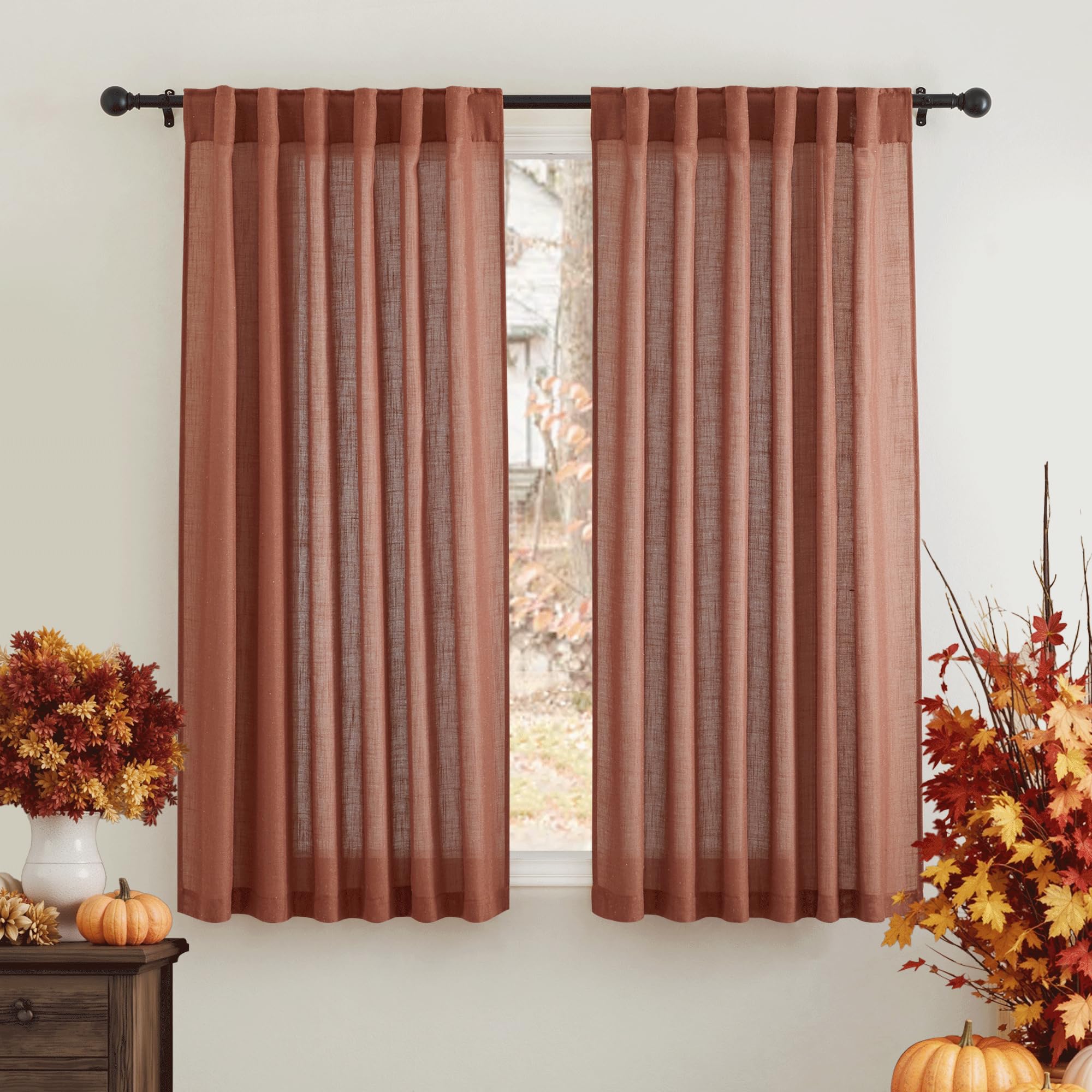 RYB HOME Semi Sheer Curtains 102 inches Long, Back Tab Light Filtration Half Privacy Window Curtains & Drapes for Bedroom Living Room, Linen, W 52 x L 102 inches, 2 Panels Set