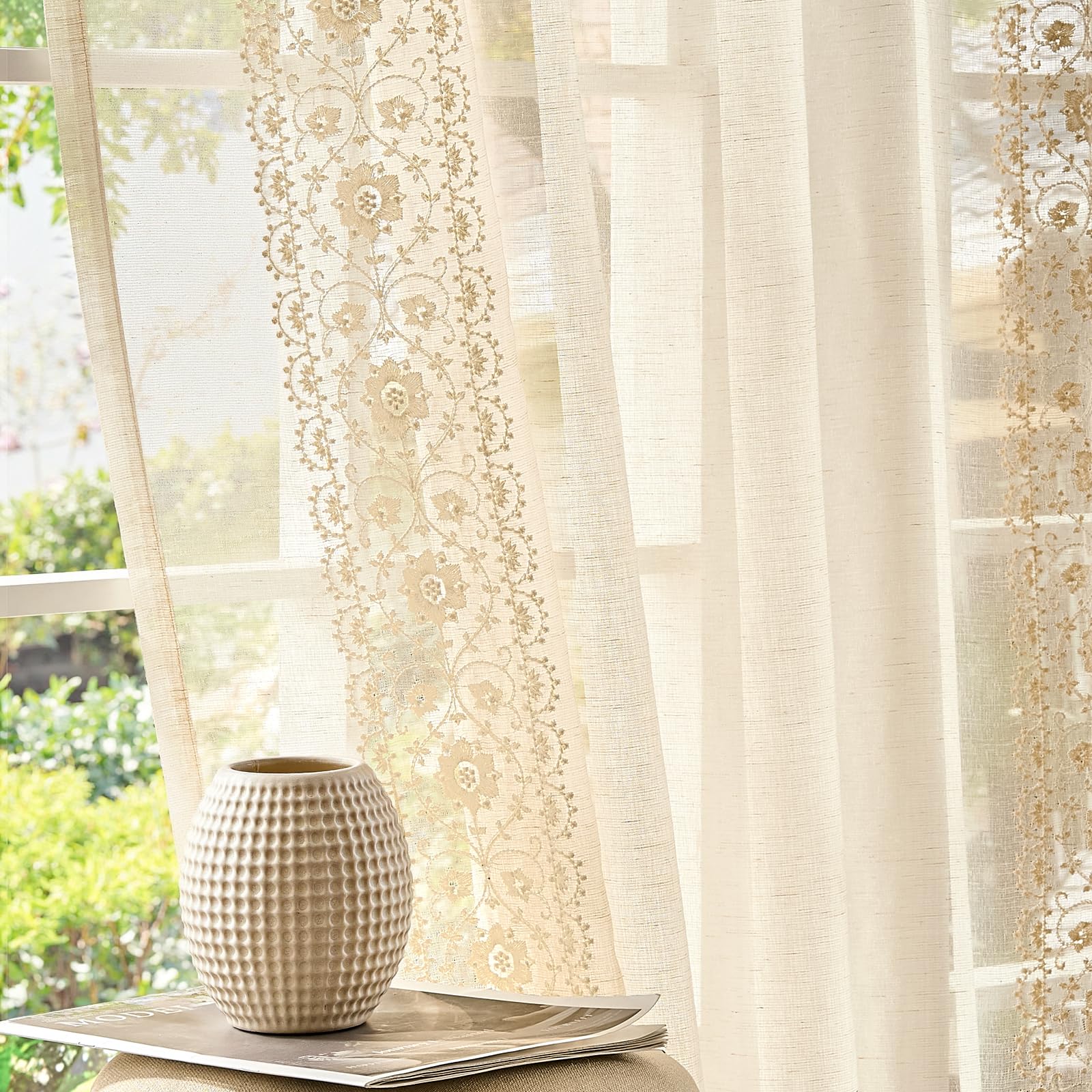 jinchan Weslie Beige Floral Sheer Curtains for Living Room 84 Inch Long Embroidered Voile Farmhouse Linen Curtains for Bedroom Ivory Flower Patterned Cottage Core Window Drapes 2 Panels Ivory on Beige