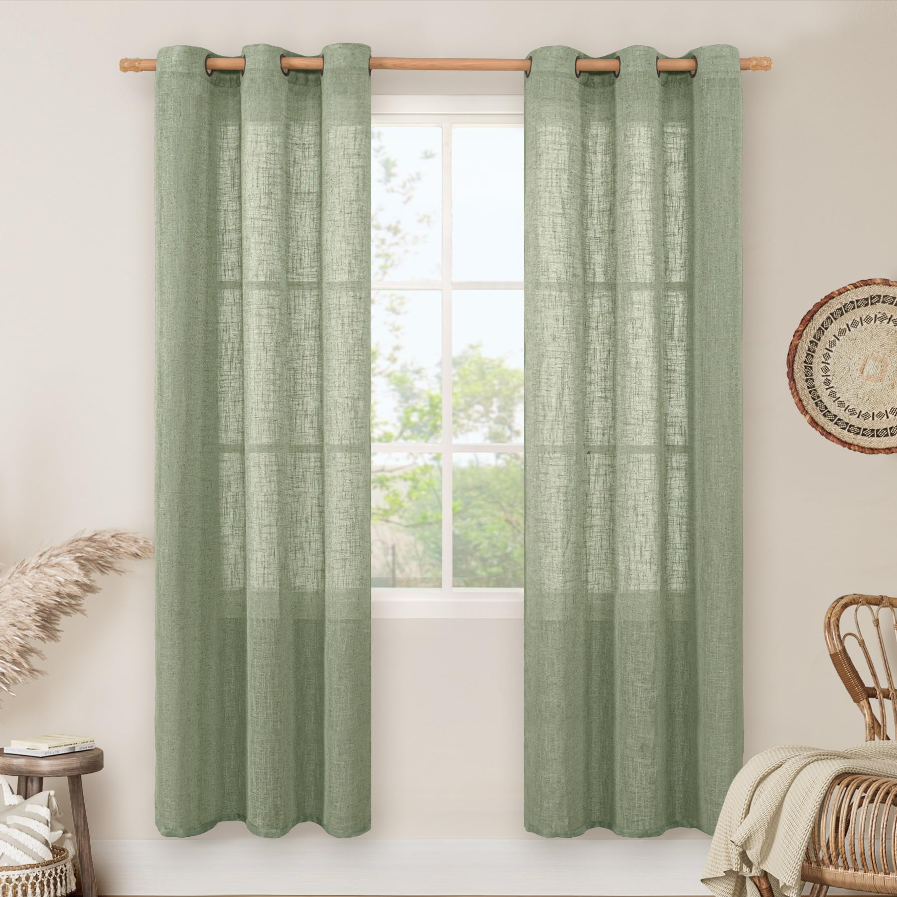 LAMIT Natural Cream Ivory Long Linen Curtains for Living Room, 108 inches Long Bronze Grommet Light Filtering Window Textured Neutral Sheer Drapes for Bedroom Farmhouse, 2 Panels, 52 x 108 Inch