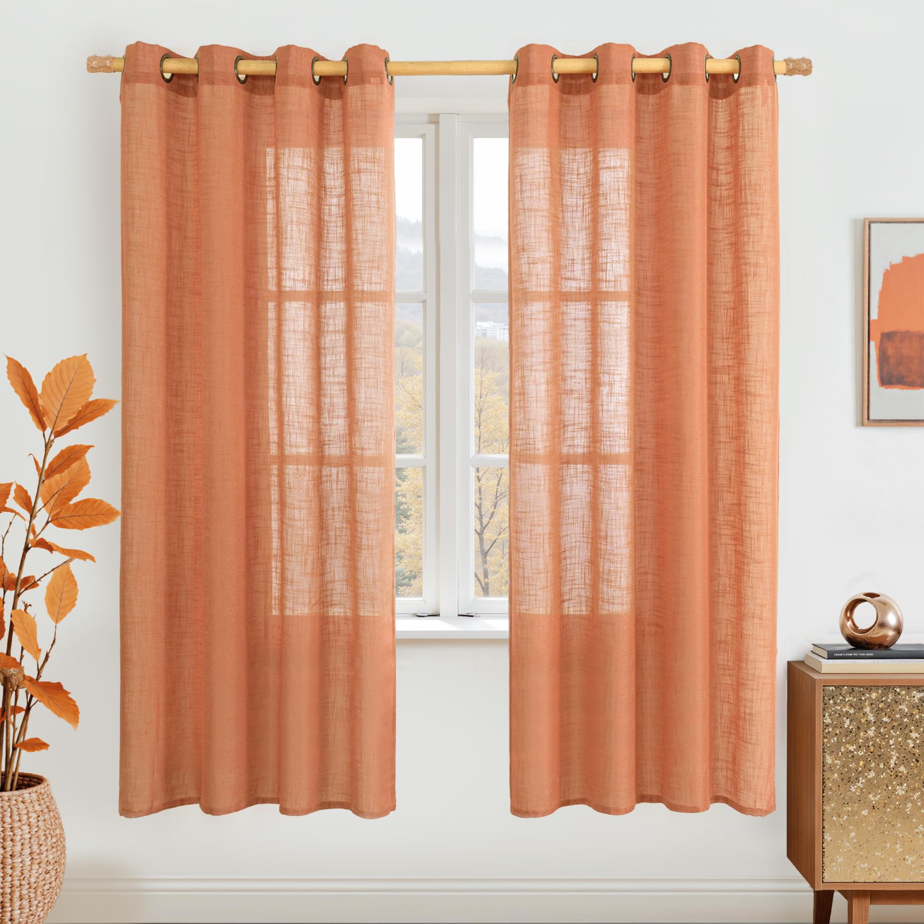 LAMIT Natural Cream Ivory Long Linen Curtains for Living Room, 108 inches Long Bronze Grommet Light Filtering Window Textured Neutral Sheer Drapes for Bedroom Farmhouse, 2 Panels, 52 x 108 Inch