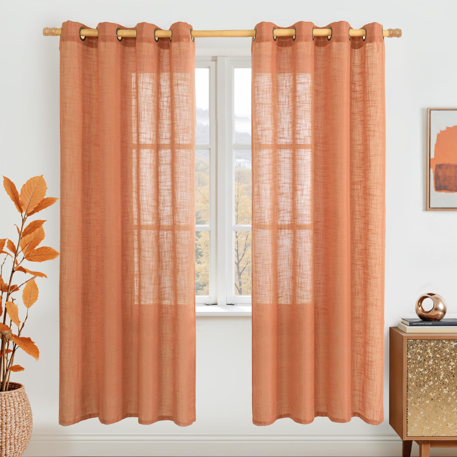 LAMIT Natural Cream Ivory Long Linen Curtains for Living Room, 108 inches Long Bronze Grommet Light Filtering Window Textured Neutral Sheer Drapes for Bedroom Farmhouse, 2 Panels, 52 x 108 Inch