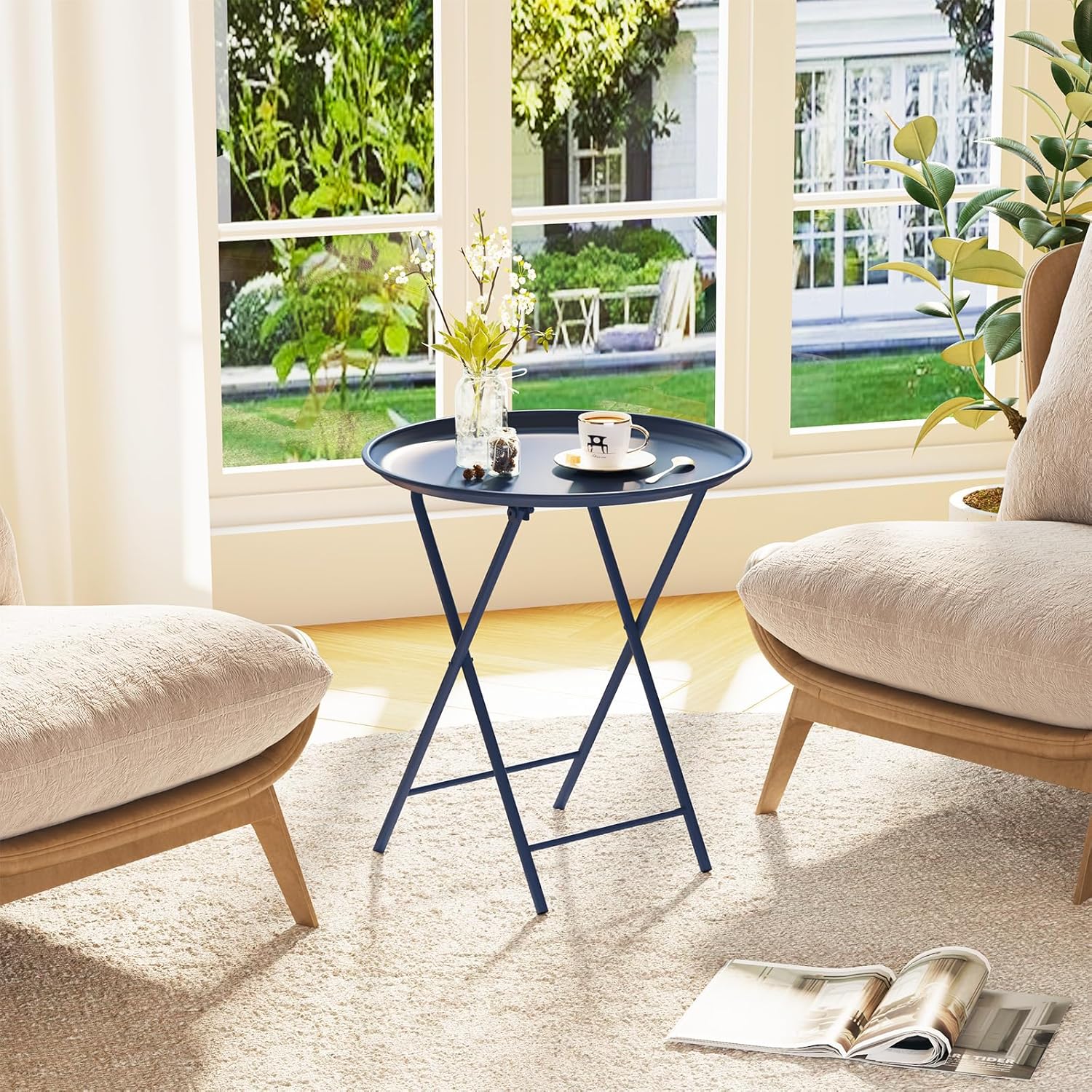 Garden 4 you Folding TV Tray Table, Metal Round Side Table, Blue Dinner Table with Metal Frame, Modern Outdoor Tray Table for Living Room, Bedroom, Patio & Small Spaces, 2 Packs