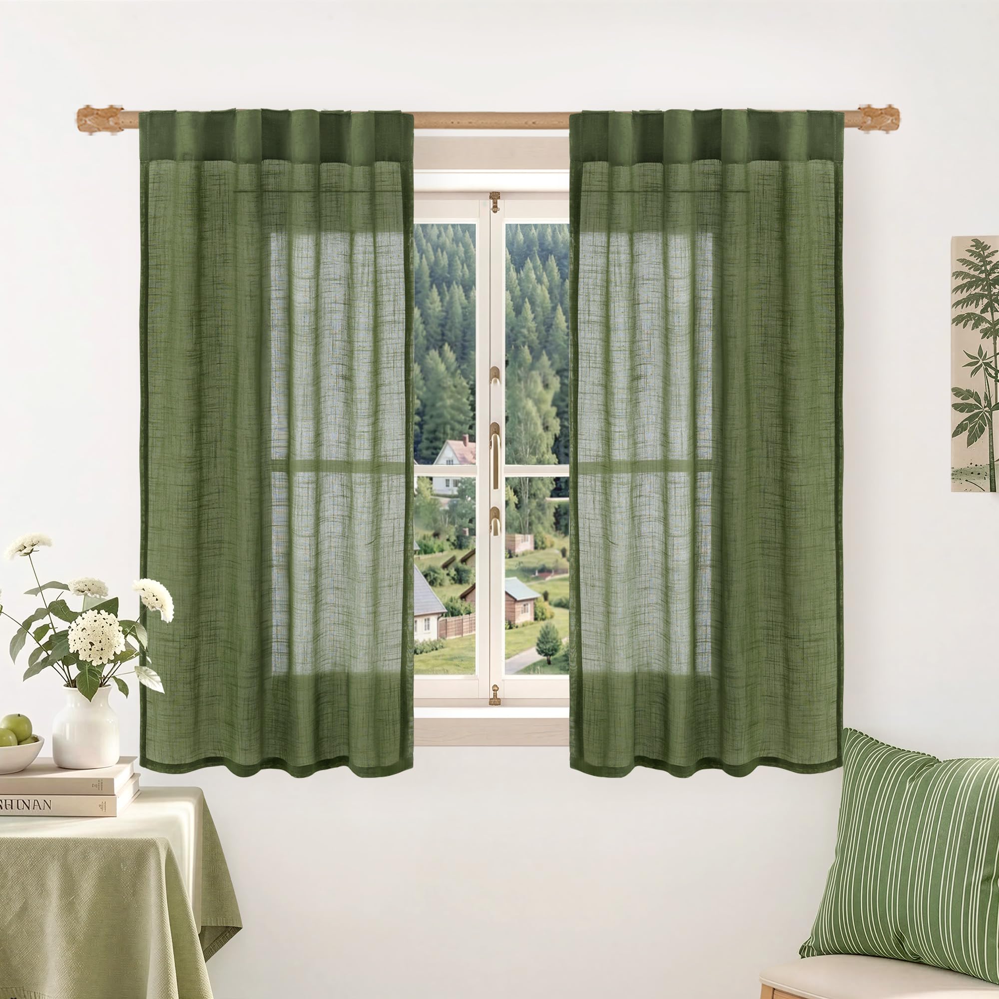 LAMIT Natural Linen Sheer Curtains 90 Inches Long 2 Panels, Long Light Filtering Window Treatments Back Tab and Rod Pocket Farmhouse Boho Panels for Living Room/Bedroom/Dining Room, 52 x 90 Inch