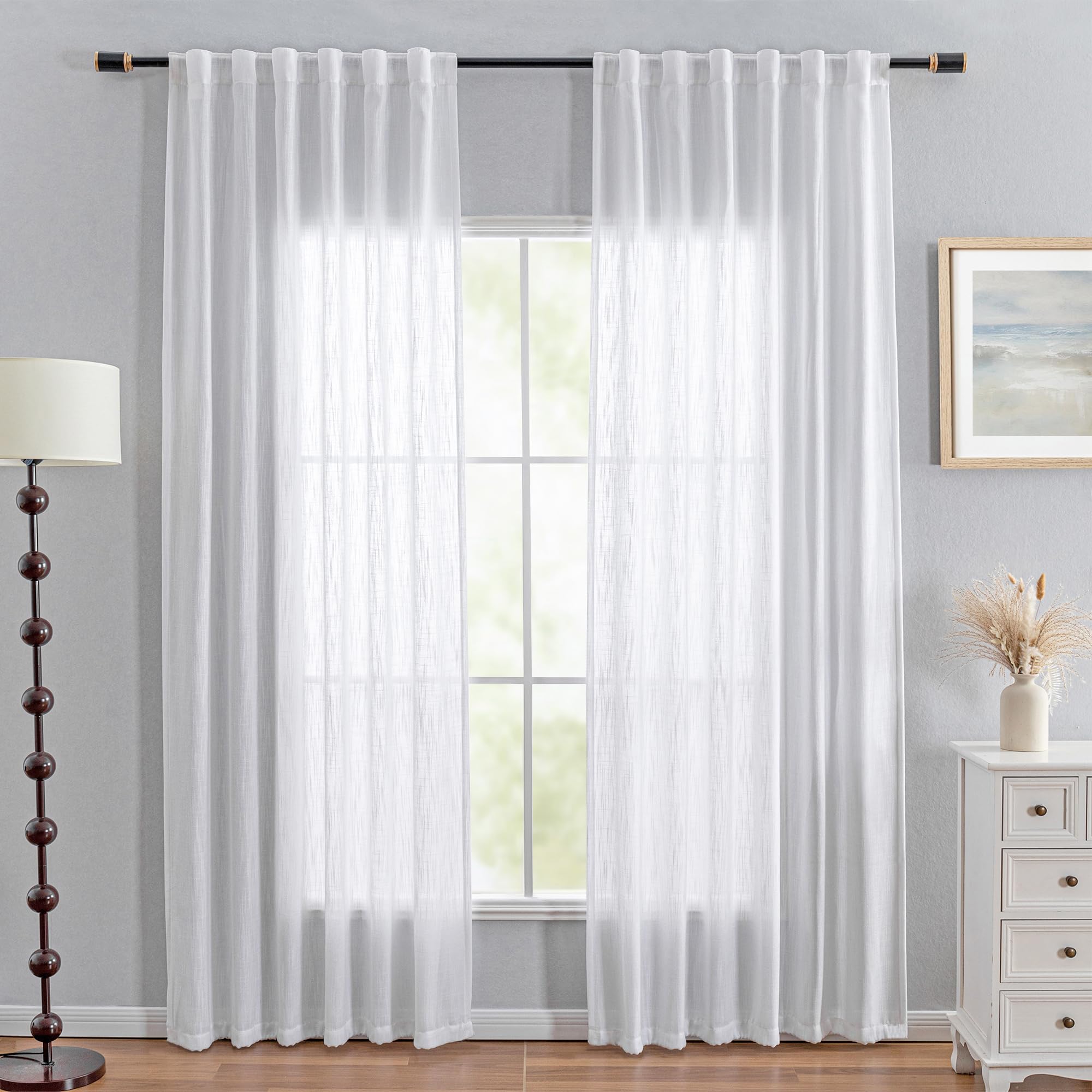 MYSKY HOME Country Curtains for Sliding Glass Door, Back Tab Semi Sheer Curtain Panels Extra Long Floor Length Drapes Linen Texture Soft Touch, 50x108 Inch, Linen, Set of 2