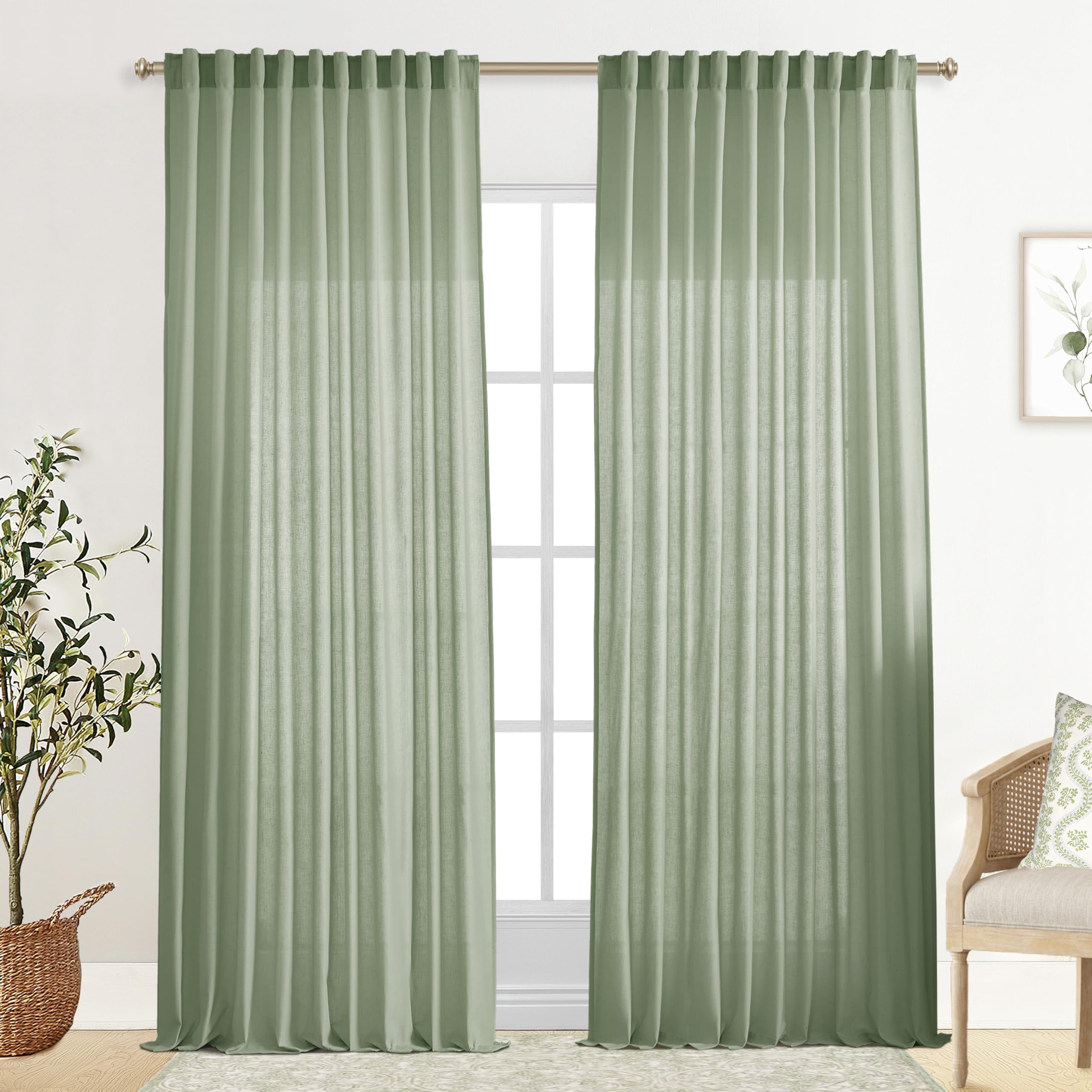 XTMYI 90 Inches Long Sheer Linen Curtains 2 Panels Set,Hook Tape Back Tab Semi Sheer Cotton Blend Fabric Modern Cottage Core Cottagecore Curtain Drapes for Living Room Bedroom,50x90 in Length