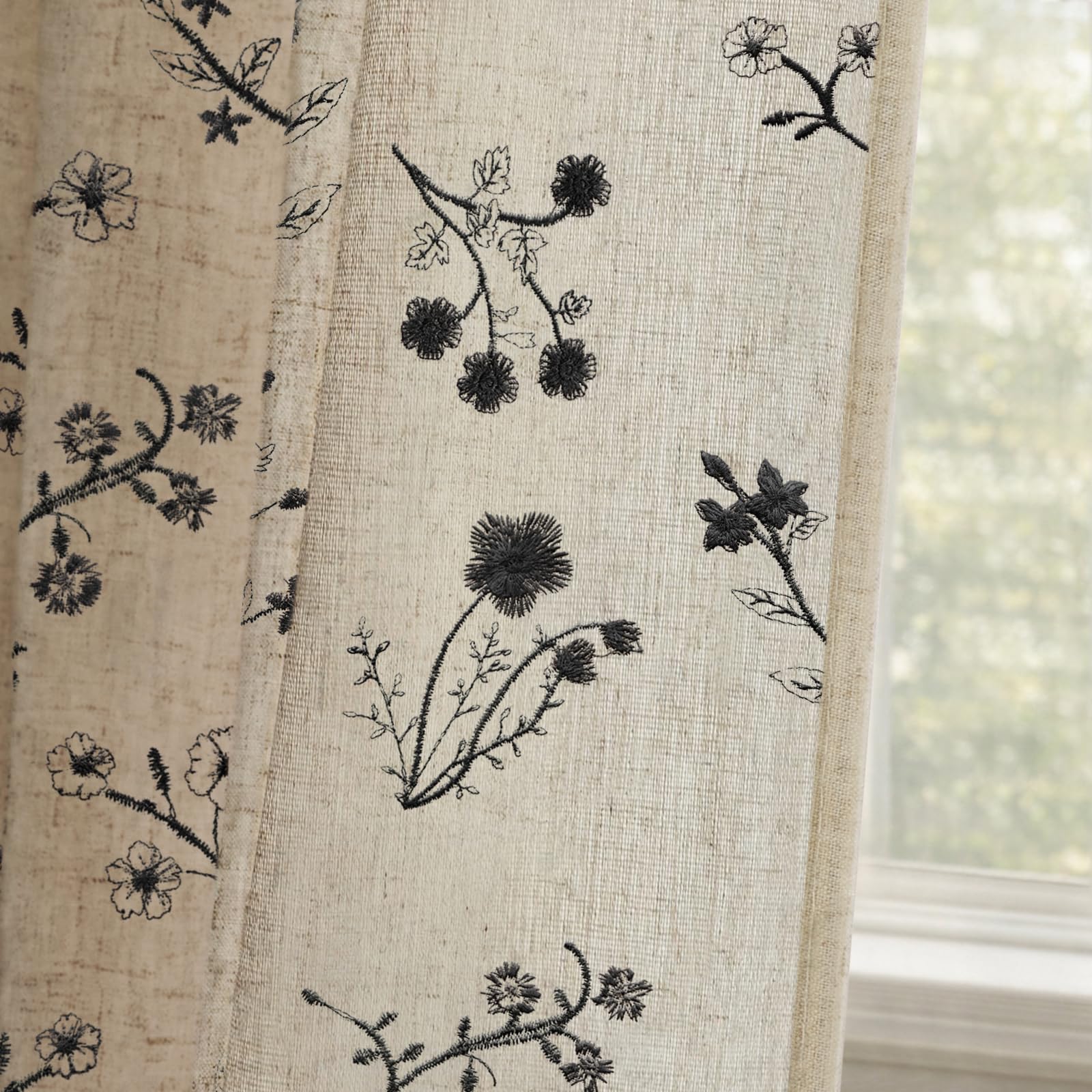 Boho Floral Spring Semi Sheer Curtains 84 Inch Length 2 Panels Set, Linen Texture Farmhouse Light Filtering Curtains Beige Tassel for Bedroom Living Room Vintage Rustic Patterned Printed Rod Pocket